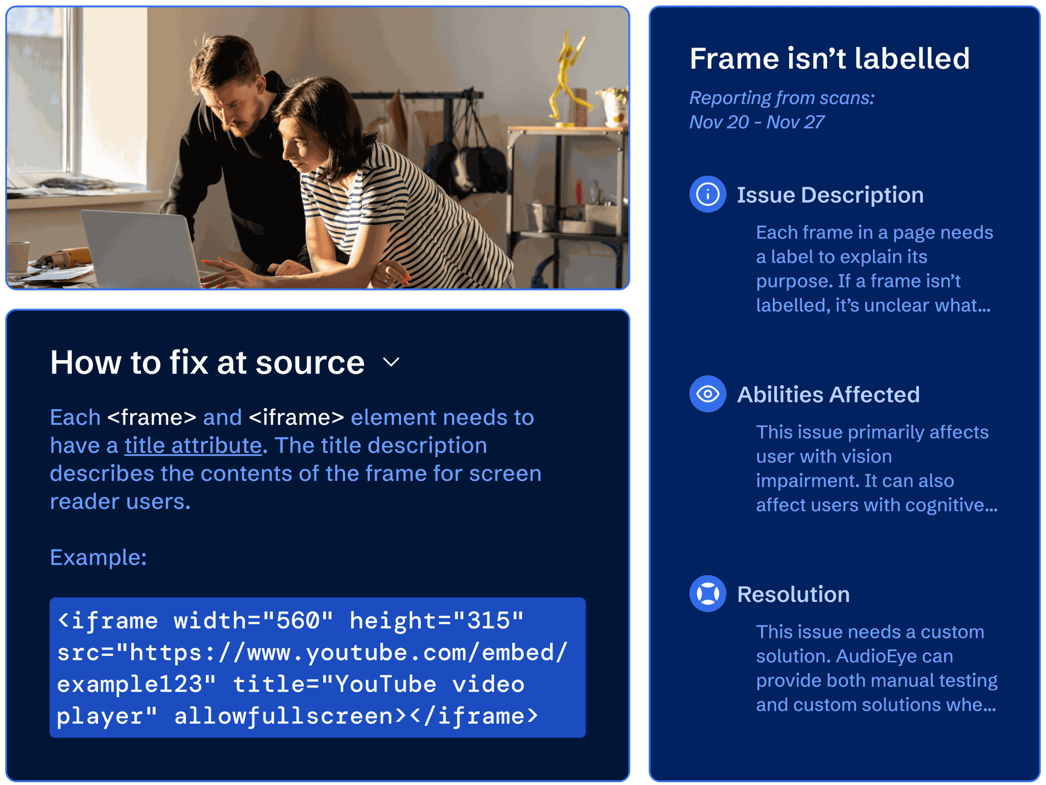 Two colleagues reviewing details of an accessibility issue and instructions on how to fix the issue at the source.