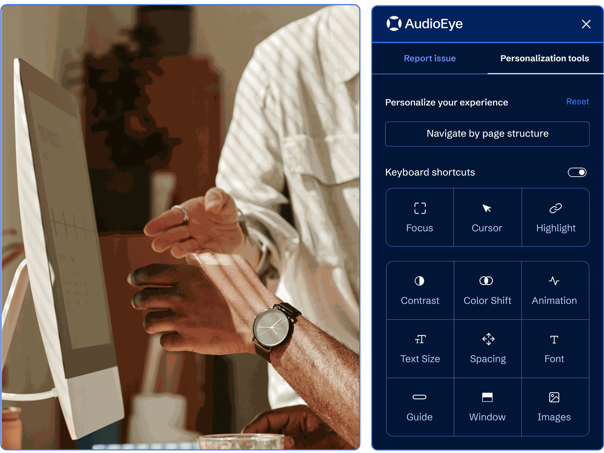 AudioEye’s Personalization Tools for users to adjust their experience on a website, such as Text Size and Contrast.