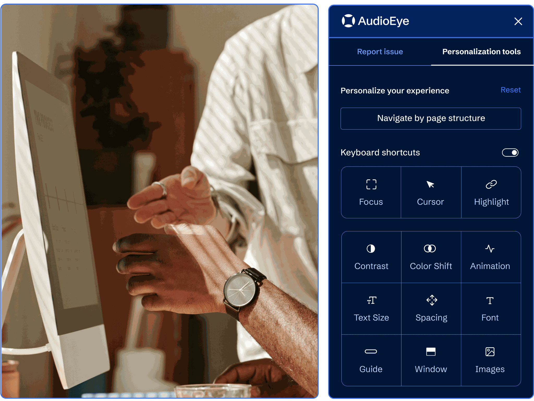 AudioEye’s Personalization Tools for users to adjust their experience on a website, such as Text Size and Contrast.