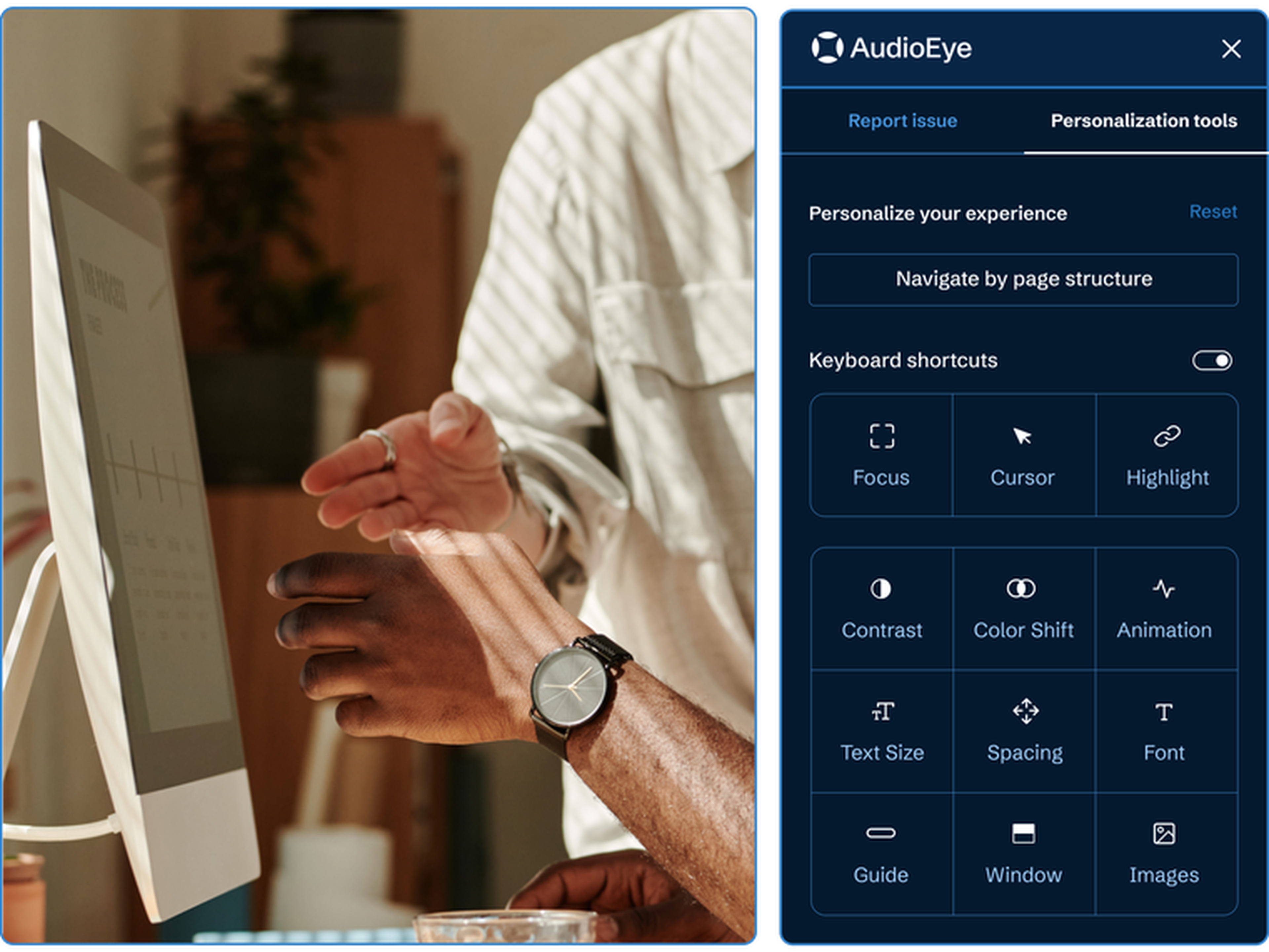 AudioEye’s Personalization Tools for users to adjust their experience on a website, such as Text Size and Contrast.