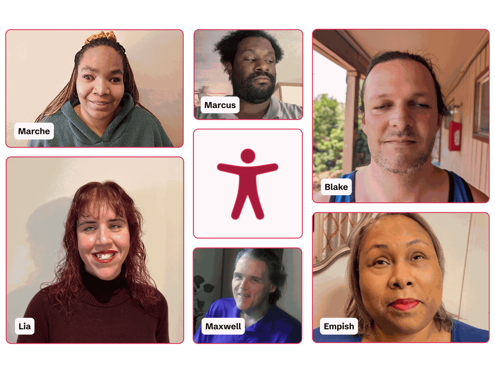 A11iance team members with visual impairments. Their names are Marche, Lia, Marcus, Maxwell, Blake, and Empish.
