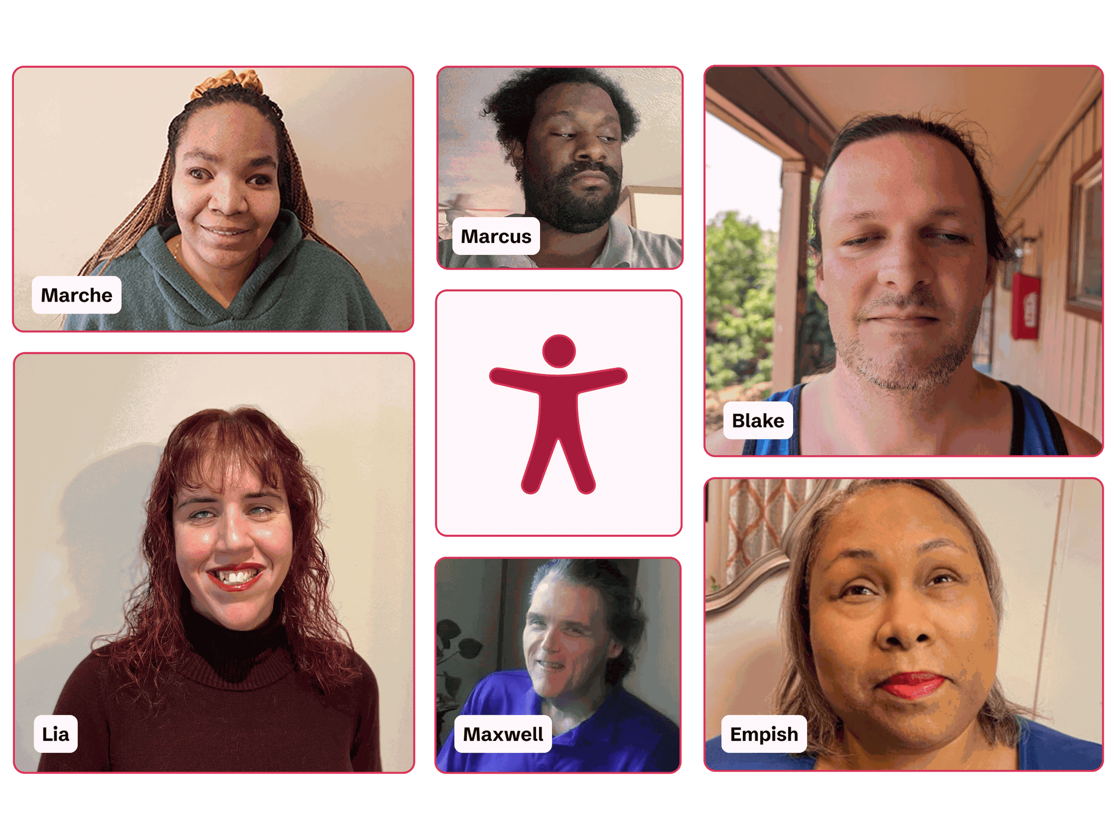 Miembros del equipo A11iance con discapacidad visual. Sus nombres son Marche, Lia, Marcus, Maxwell, Blake y Empish.