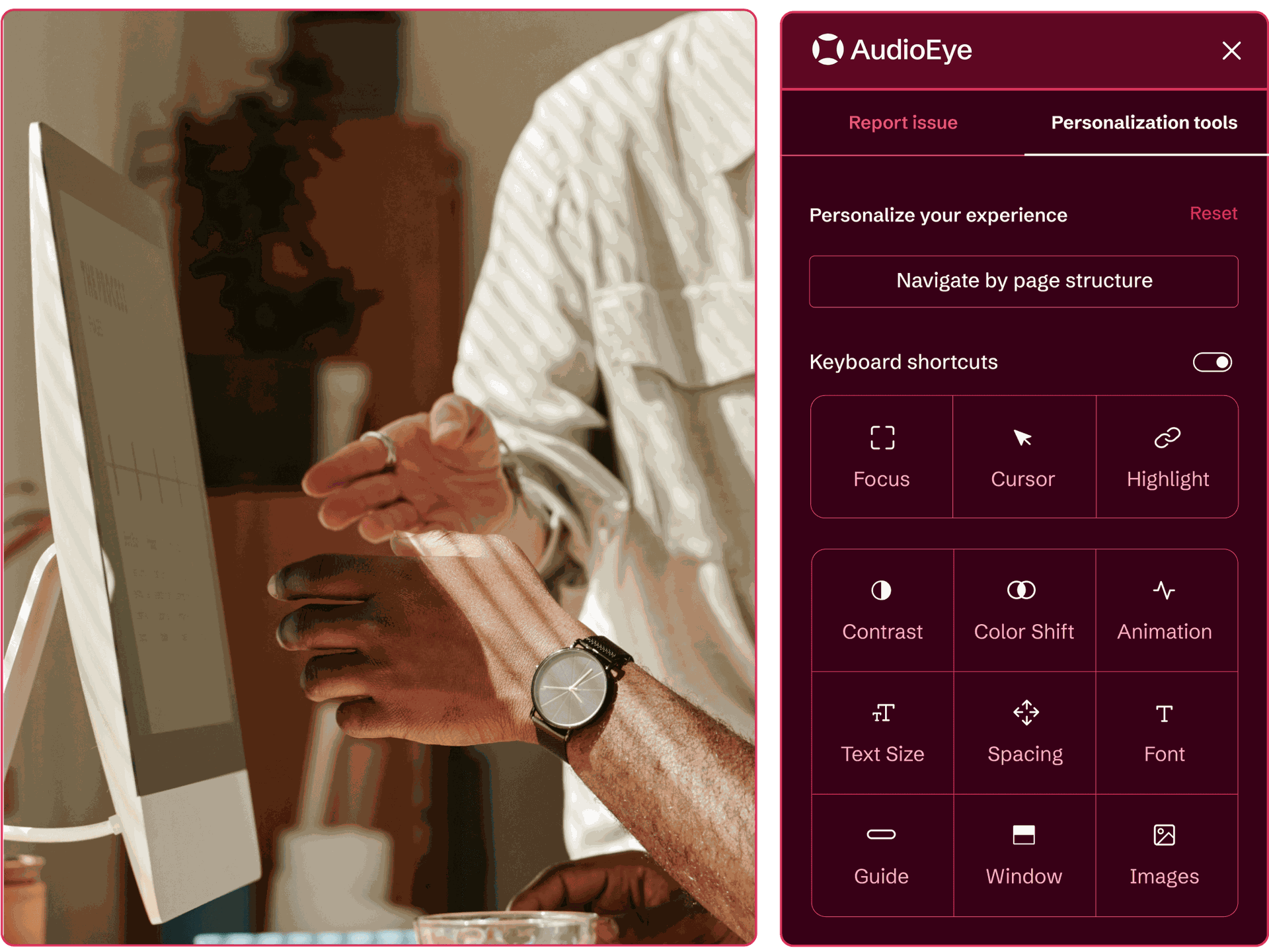 AudioEye’s Personalization Tools for users to adjust their experience on a website, such as Text Size and Contrast.