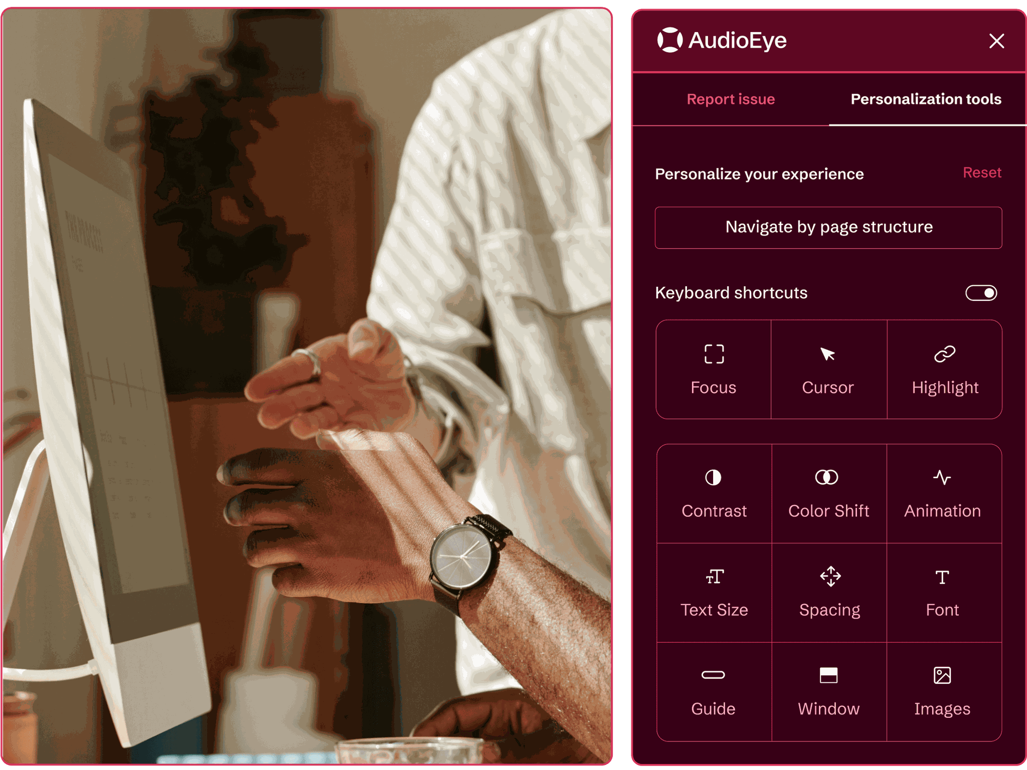 AudioEye’s Personalization Tools for users to adjust their experience on a website, such as Text Size and Contrast.