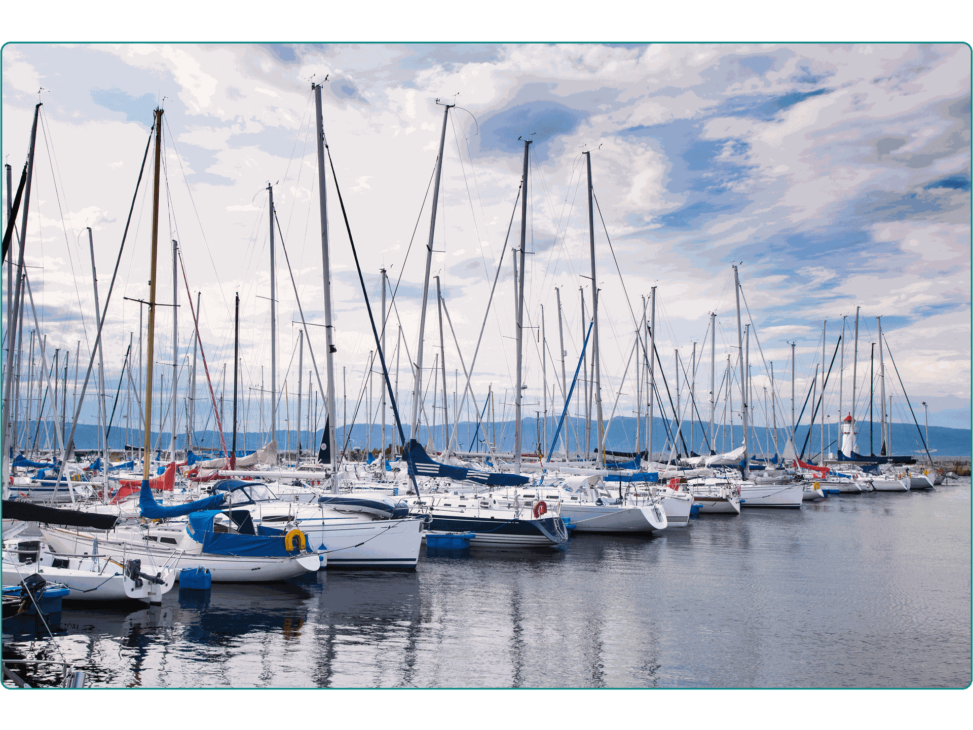A marina with rows of sailboats on the water.
