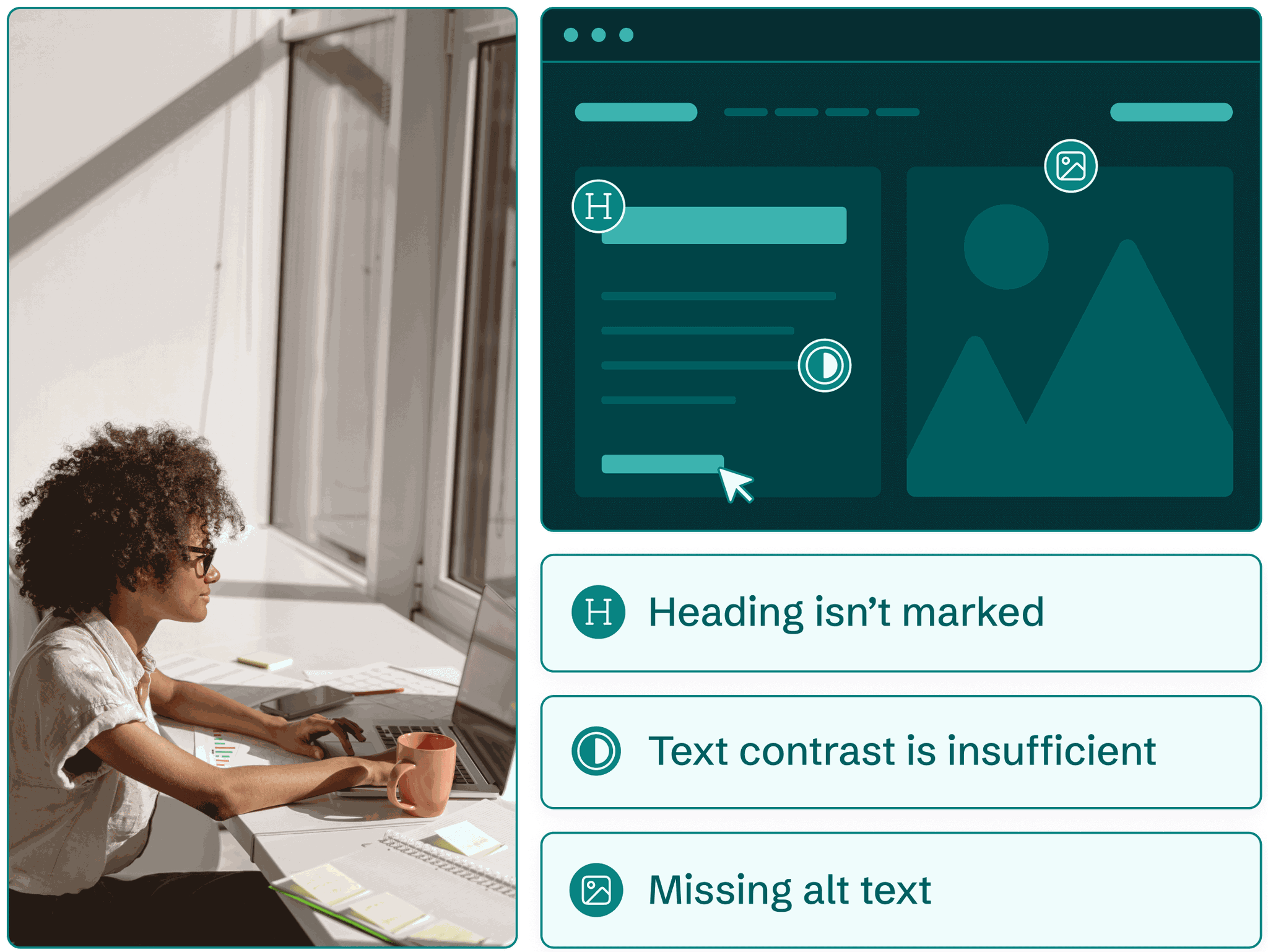 A female accessibility expert writing custom fixes for a website that had issues with headings, contrast, and alt text.