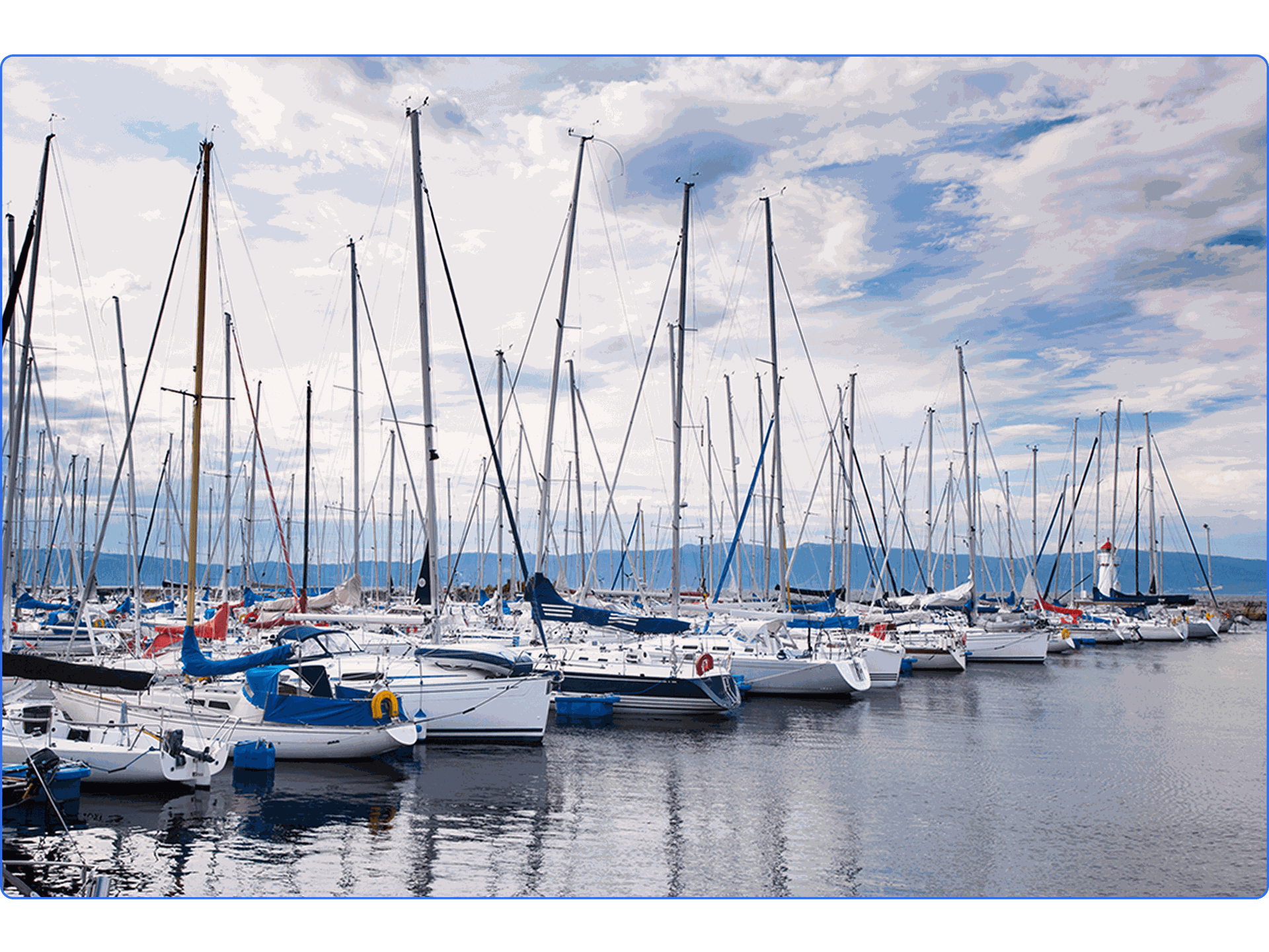A marina with rows of sailboats on the water.