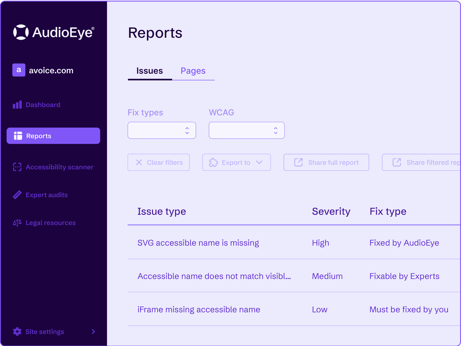 Detailed view of AudioEye Issue Reporting with robust filting and sorting capabilities.