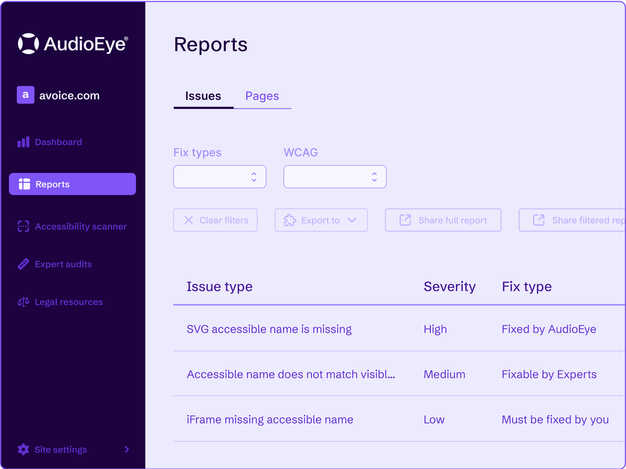Detailed view of AudioEye Issue Reporting with robust filting and sorting capabilities.