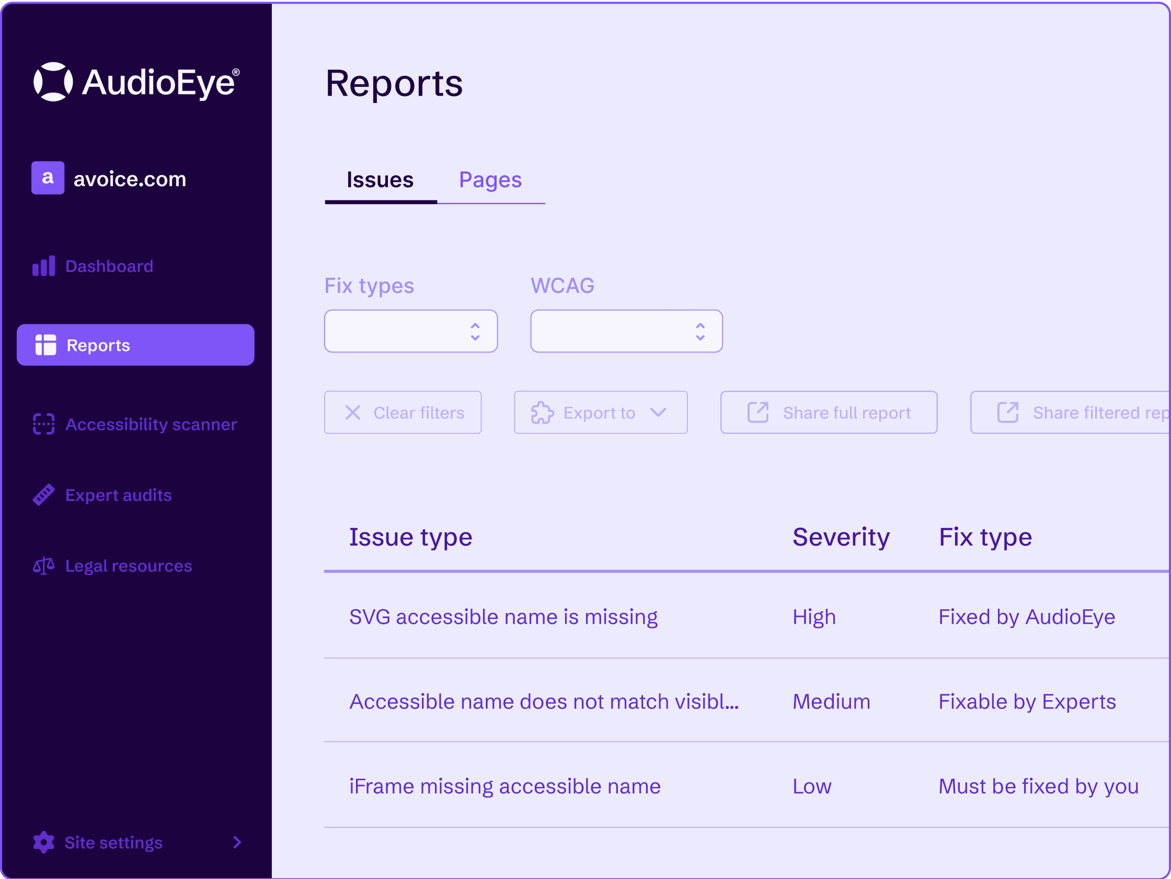 Detailansicht der AudioEye-Issue-Berichte mit umfangreichen Filter- und Sortierfunktionen.