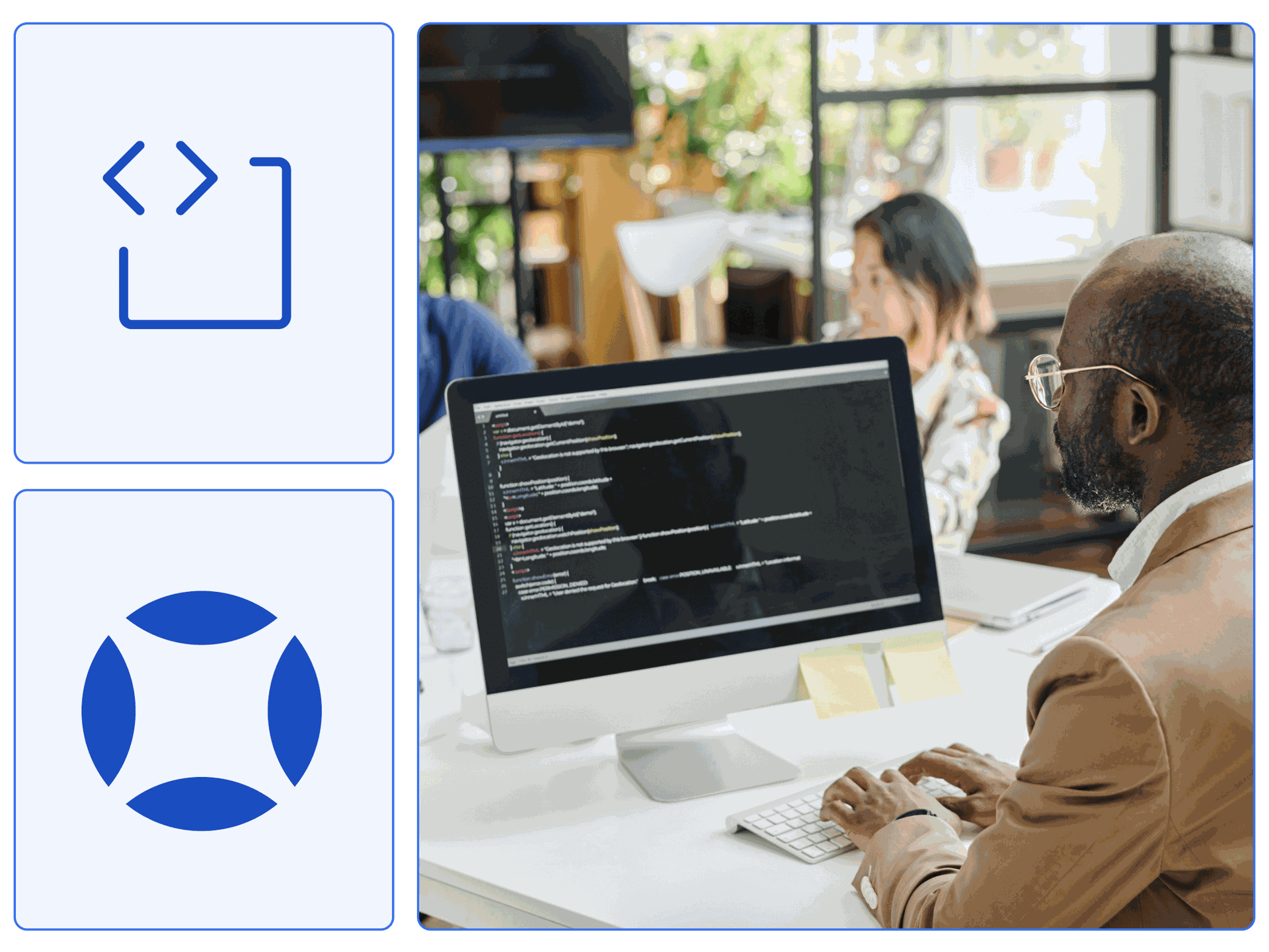 A software developer in a product team meeting with a code editor on his screen.