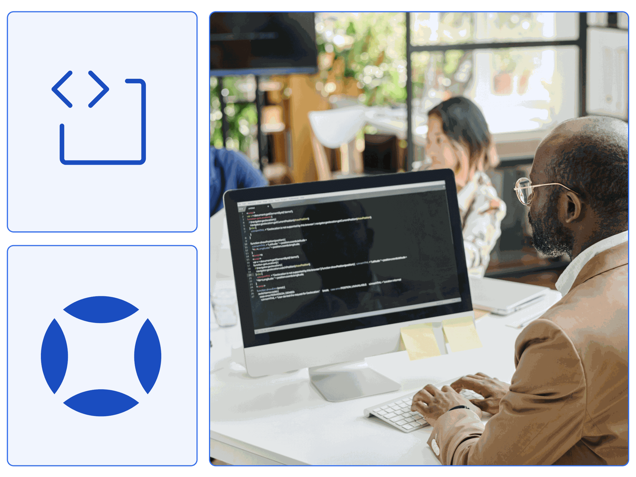 A software developer in a product team meeting with a code editor on his screen.