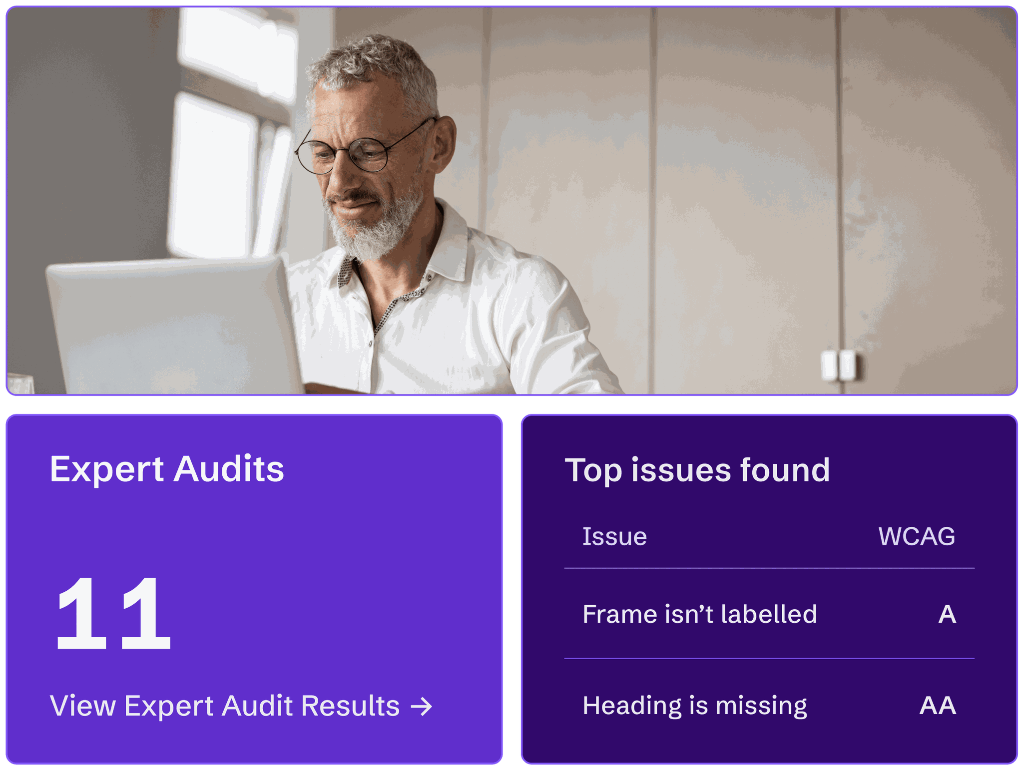 A male accessibility expert performing an audit on a website and a call-out of accessibility issues found.
