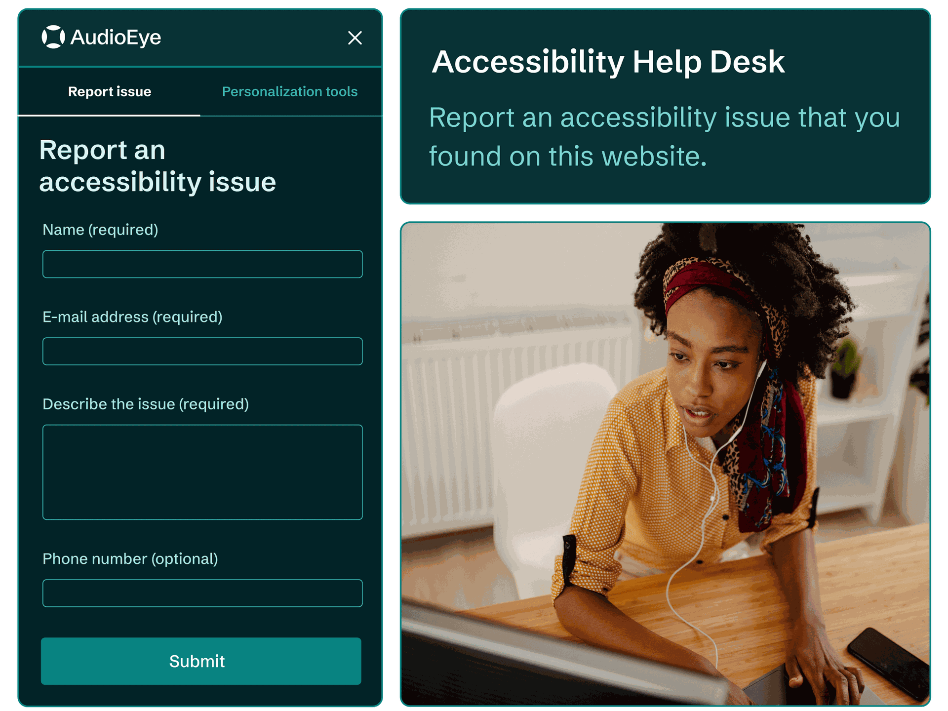 AudioEye’s Accessibility Help Desk for users to report an accessibility issue that was found on a website.