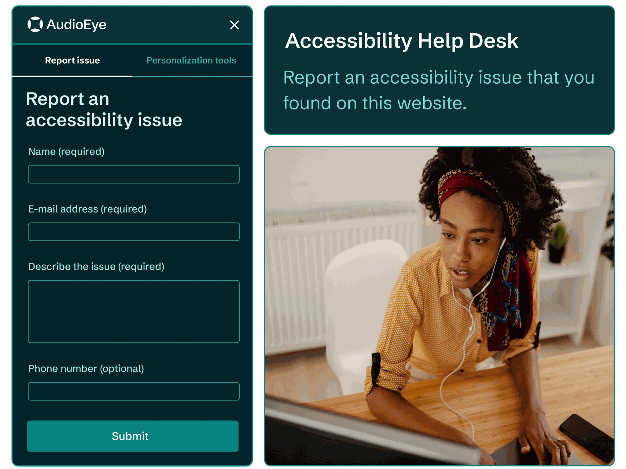 AudioEye’s Accessibility Help Desk for users to report an accessibility issue that was found on a website.