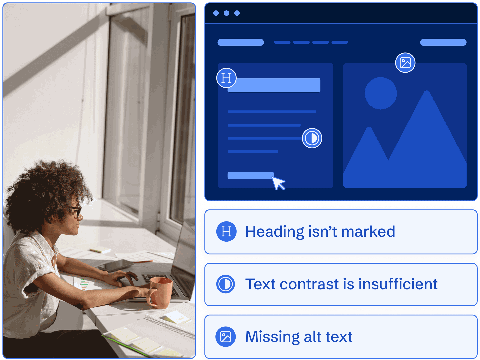 A female accessibility expert writing custom fixes for a website that had issues with headings, contrast, and alt text.