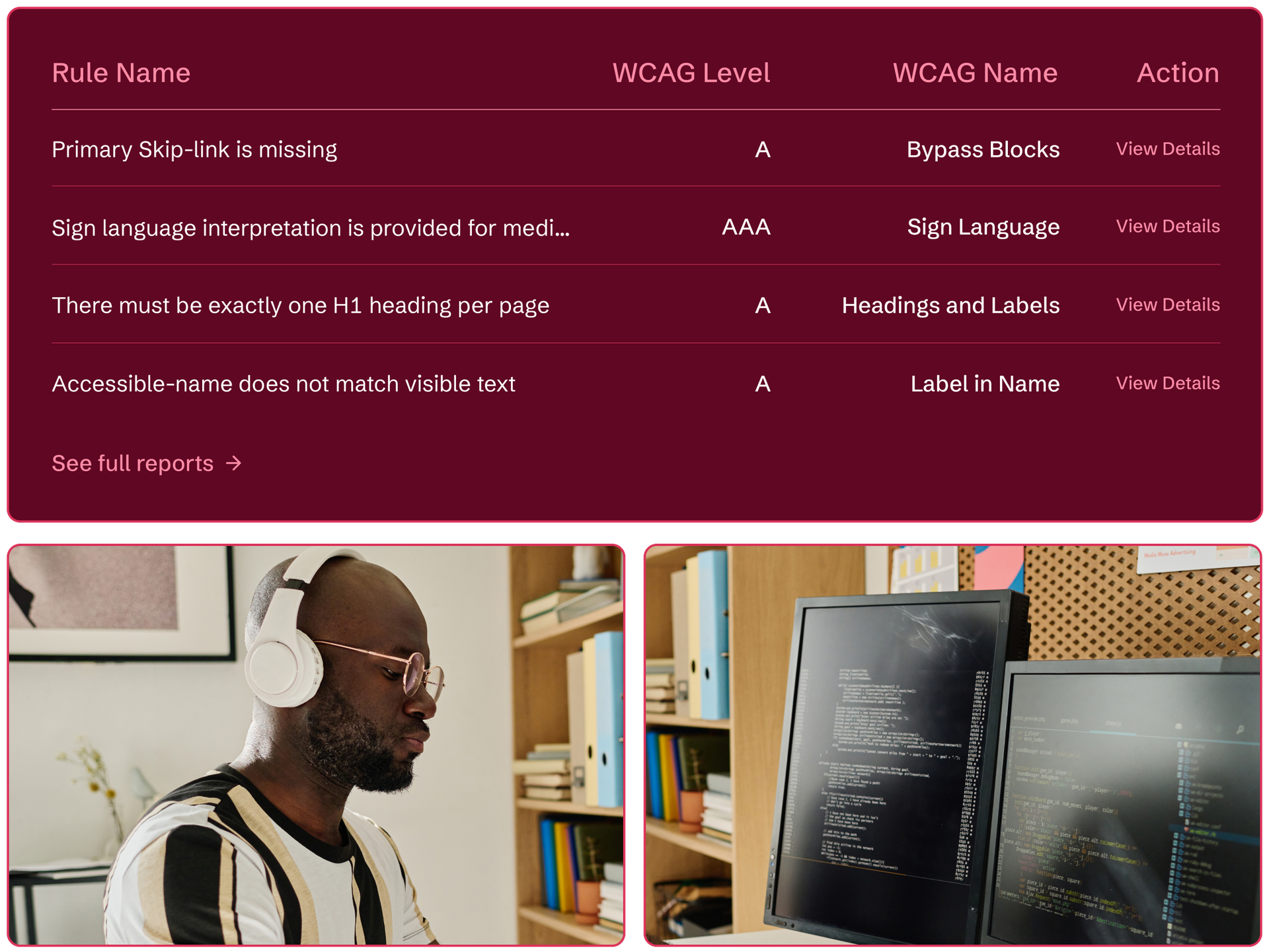 A  developer writing custom fixes and a call-out of the report of accessibility issues they are addressing.