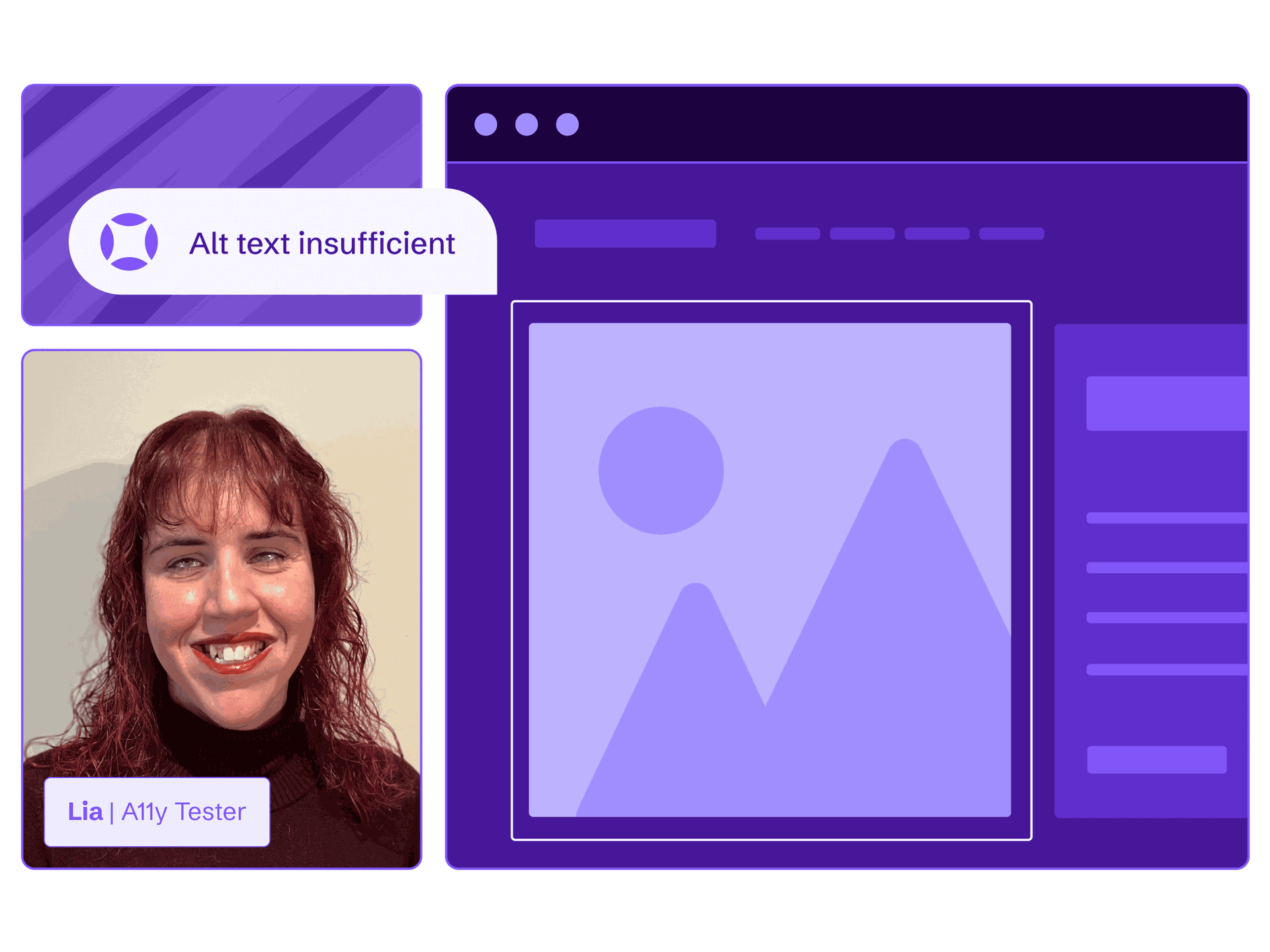 A blind AudioEye Accessibility Tester, Lia, audits a website and finds  an image with insufficient alt text.