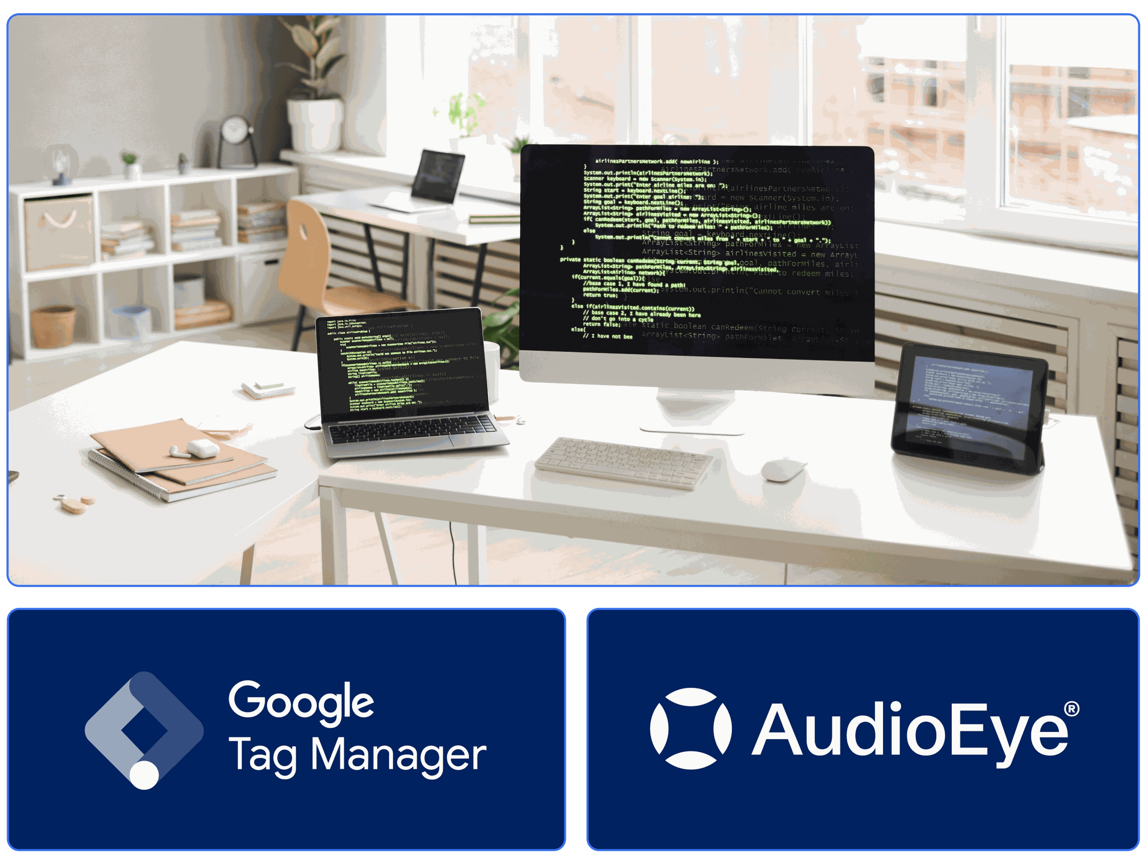 Der Schreibtisch eines Webentwicklers beim Erstellen einer barrierefreien Website mit Google Tag Manager und AudioEye.