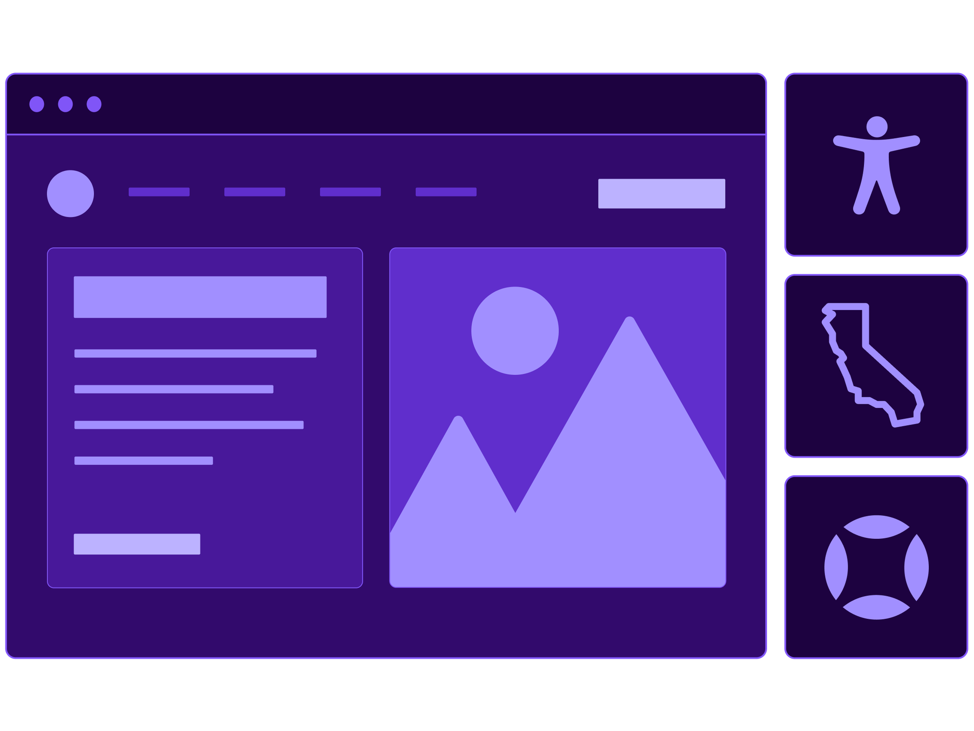Collage of a web browser with icons representing California compliance and accessibility.