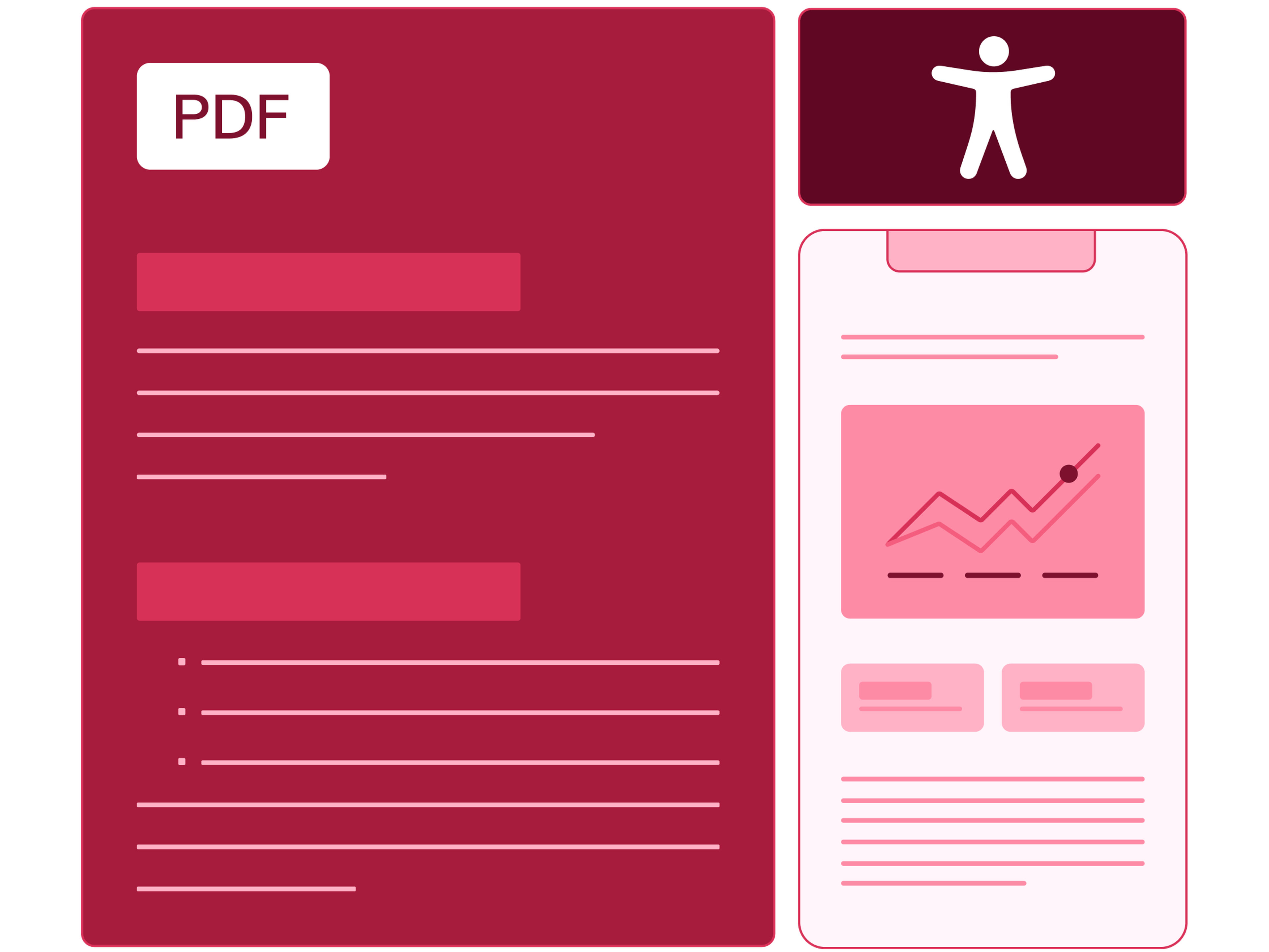 Ein PDF-Dokument und eine Website auf einem Mobiltelefon mit einem Symbol für digitale Barrierefreiheit.