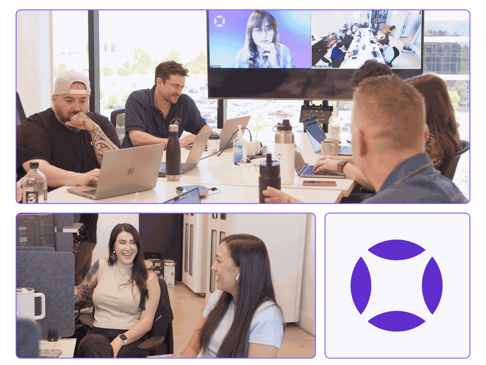 The AudioEye team working in office in Lehi, Utah with virtual team members calling into the conference.