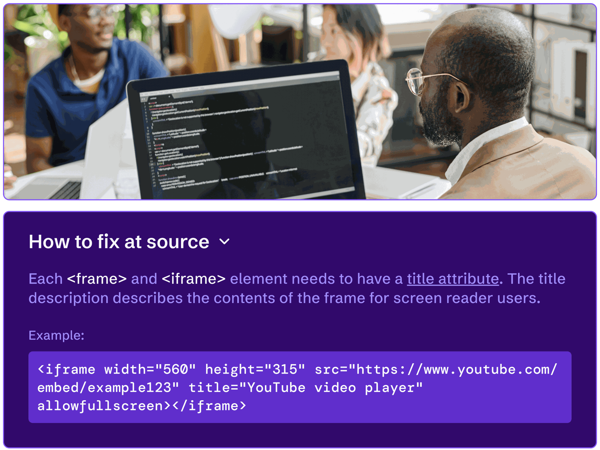 A developer fixing an accessibility issue at the source code level.