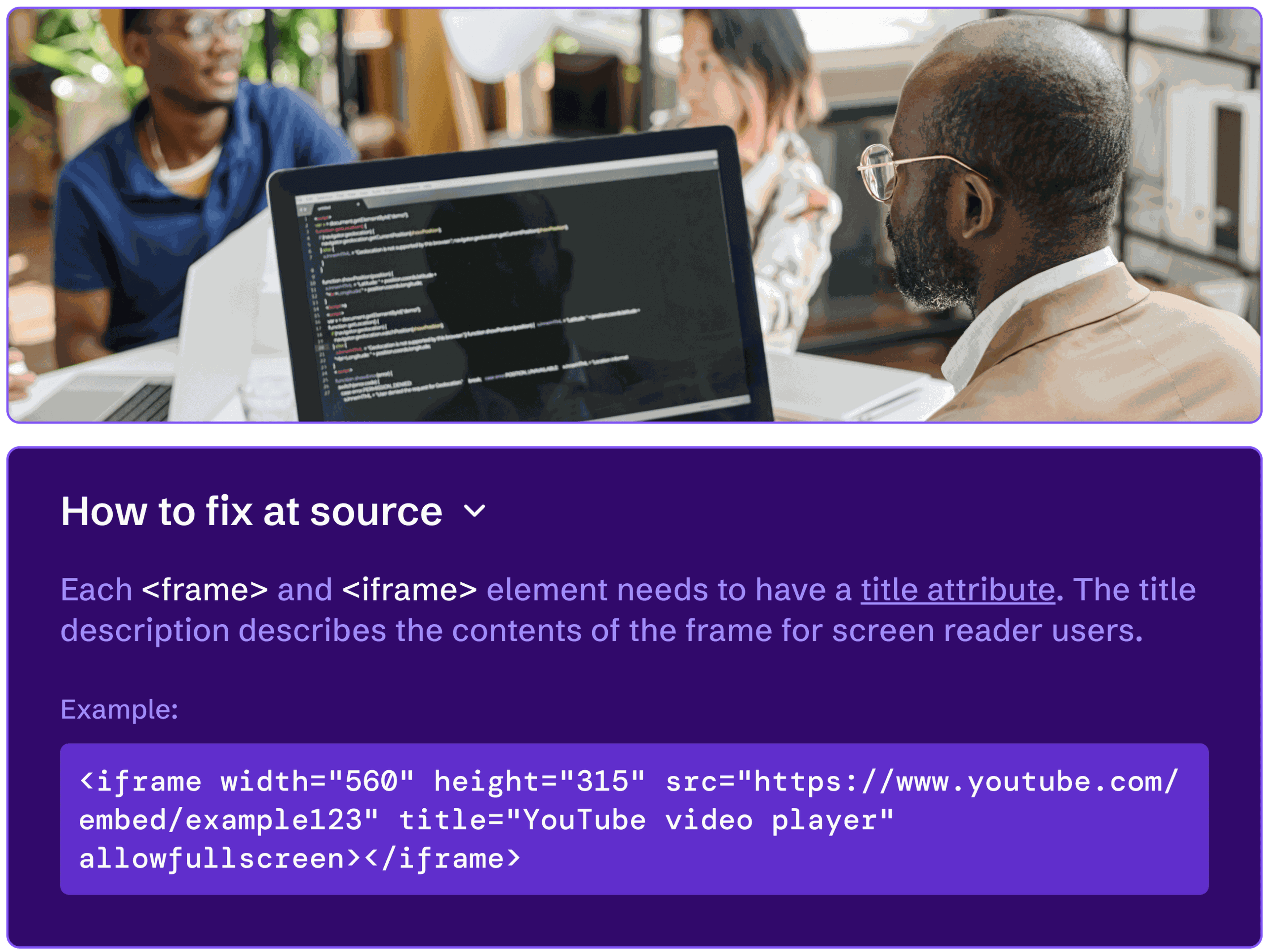 A developer fixing an accessibility issue at the source code level.