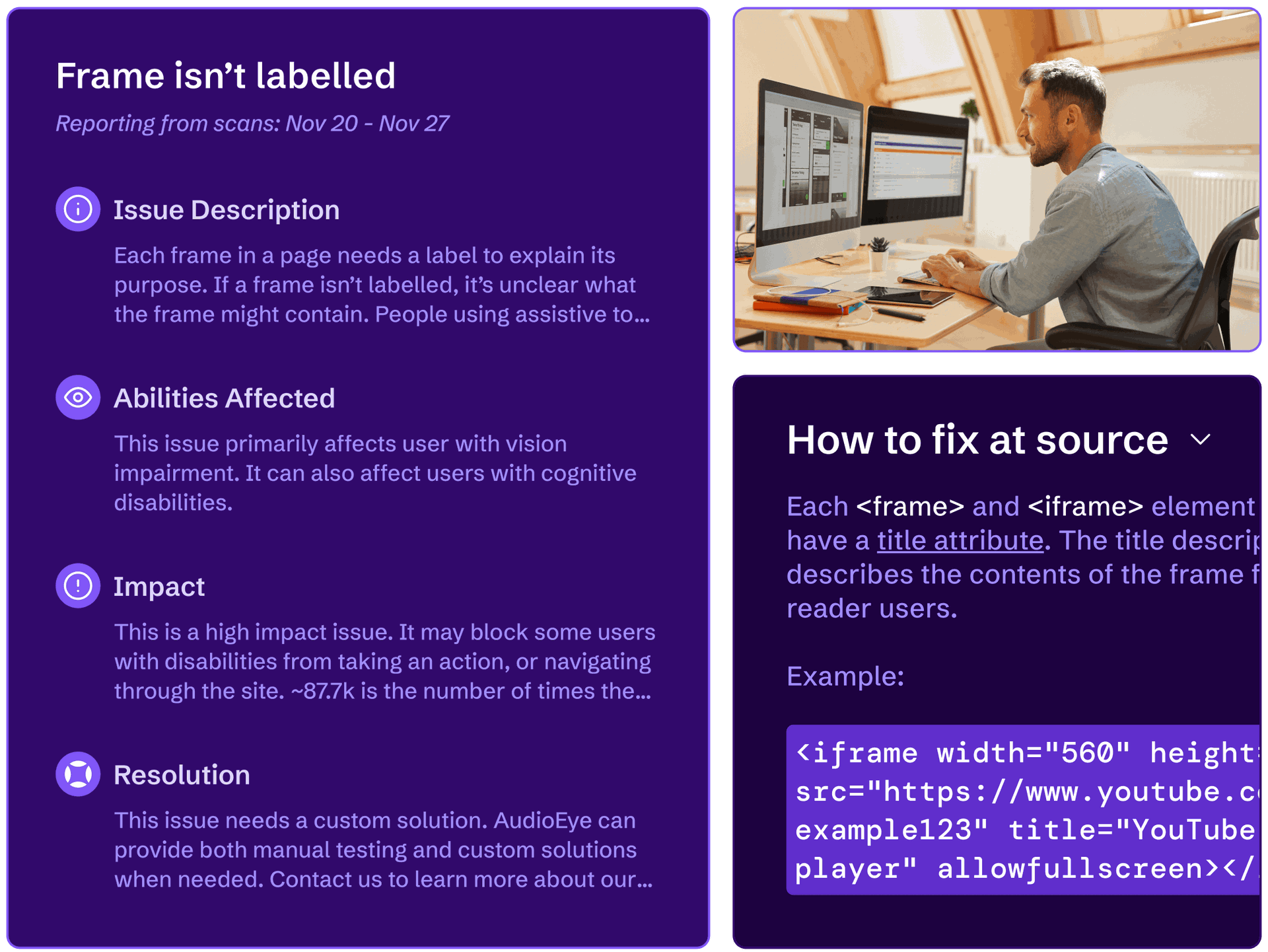 A website owner reviewing the details of an accessibility issue and instructions on how to fix the issue at the source.