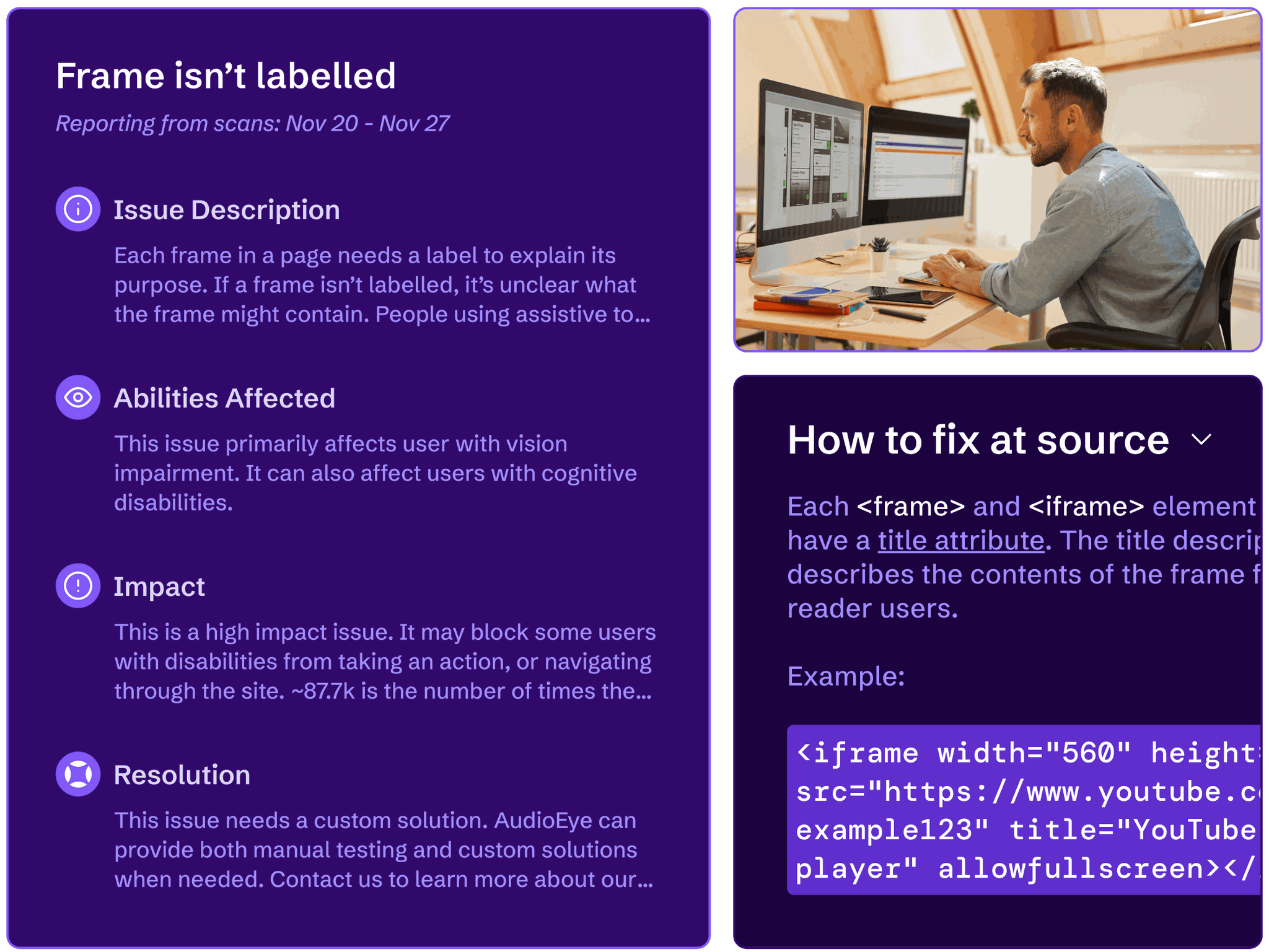 A website owner reviewing the details of an accessibility issue and instructions on how to fix the issue at the source.