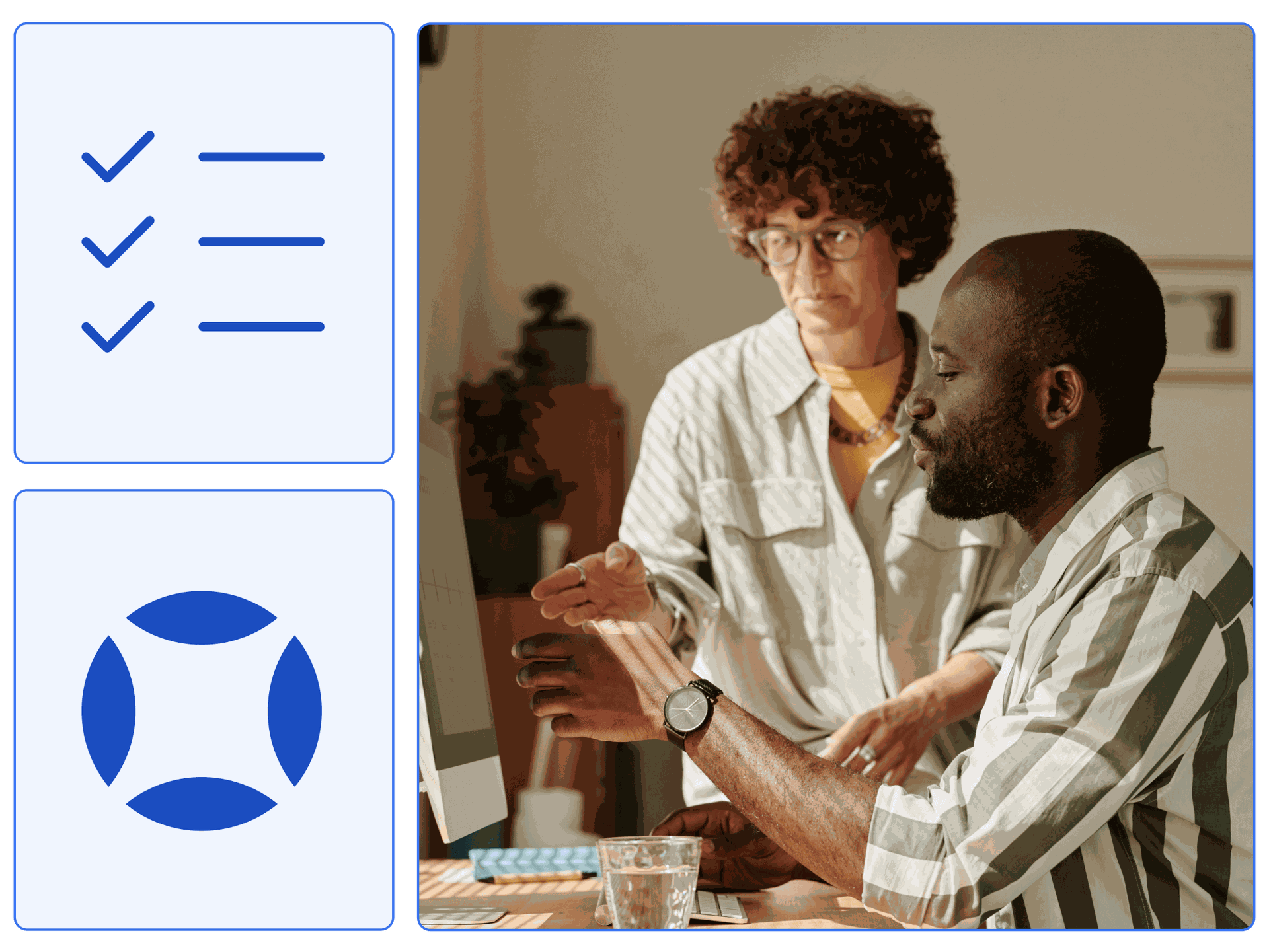 A compliance manager reviewing documentation on a computer with a colleague.