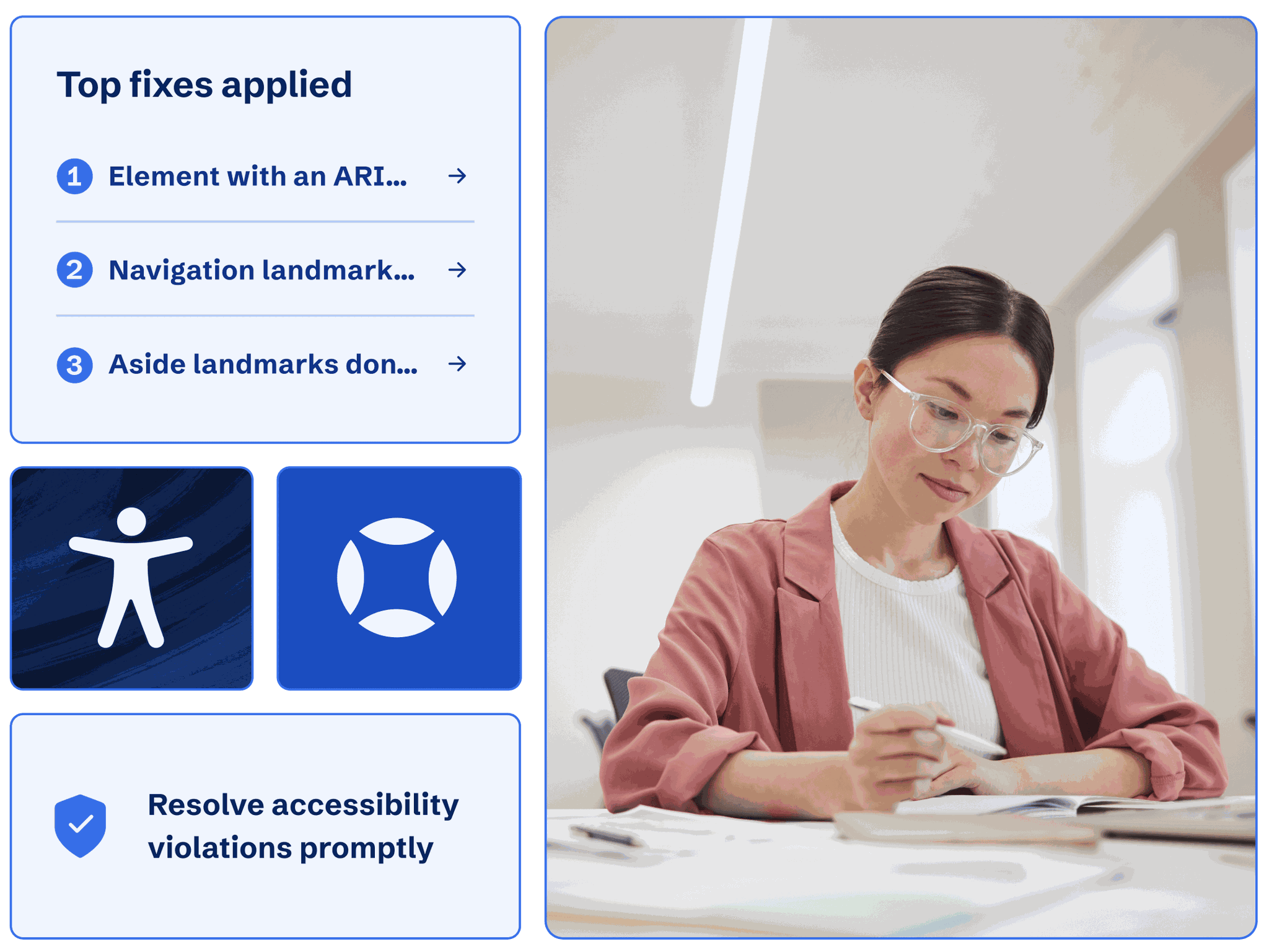 A female expert resolves accessibility violations promptly for a customer website.