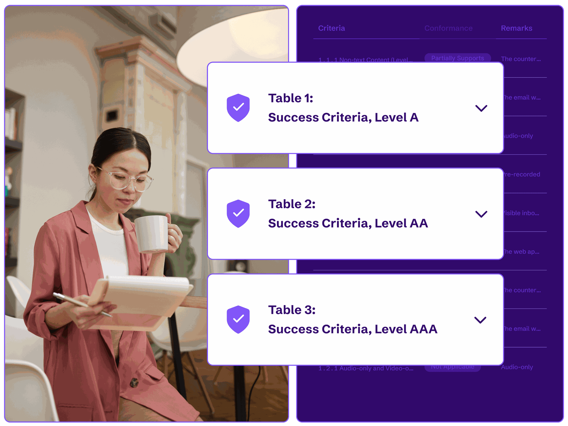 A product manager reviewing a document and 3 call-outs for WCAG Level A, AA, and AAA Success Criteria for a VPAT.