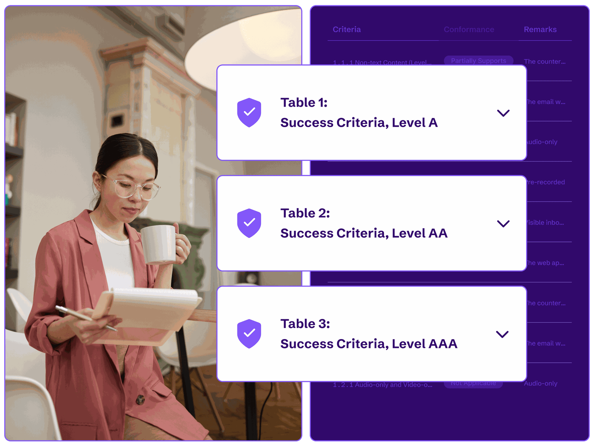 A product manager reviewing a document and 3 call-outs for WCAG Level A, AA, and AAA Success Criteria for a VPAT.