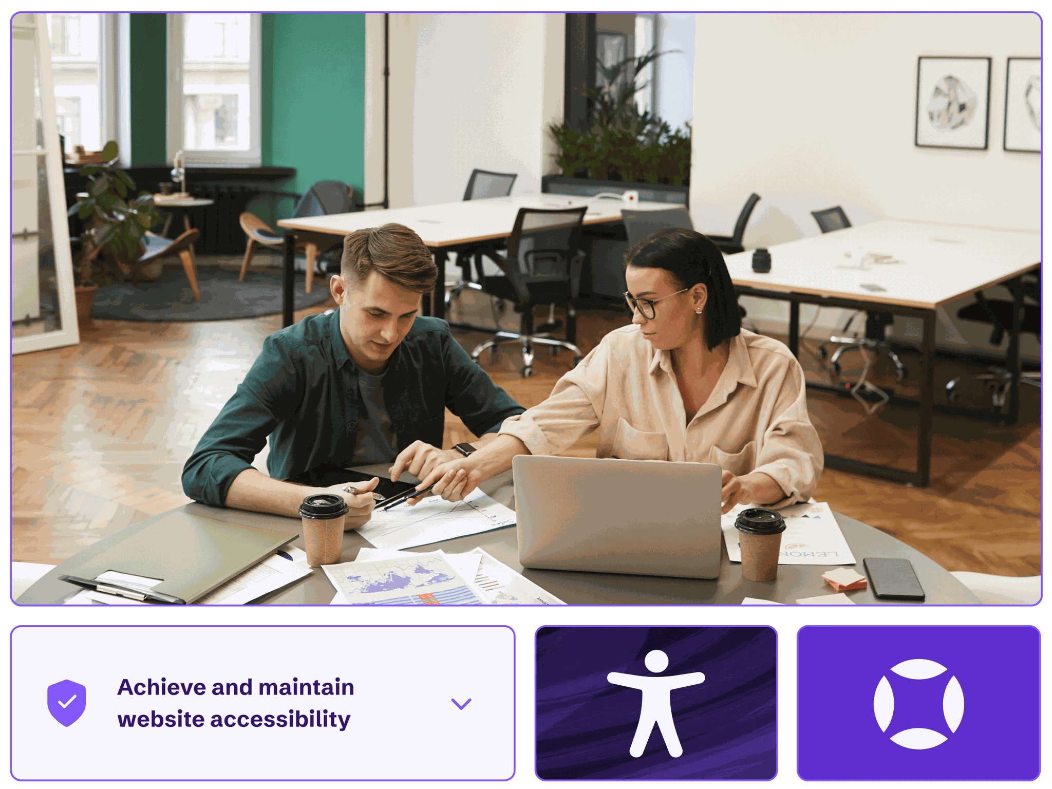 Two colleagues working at a computer helping customers achieve and maintain website accessibility.