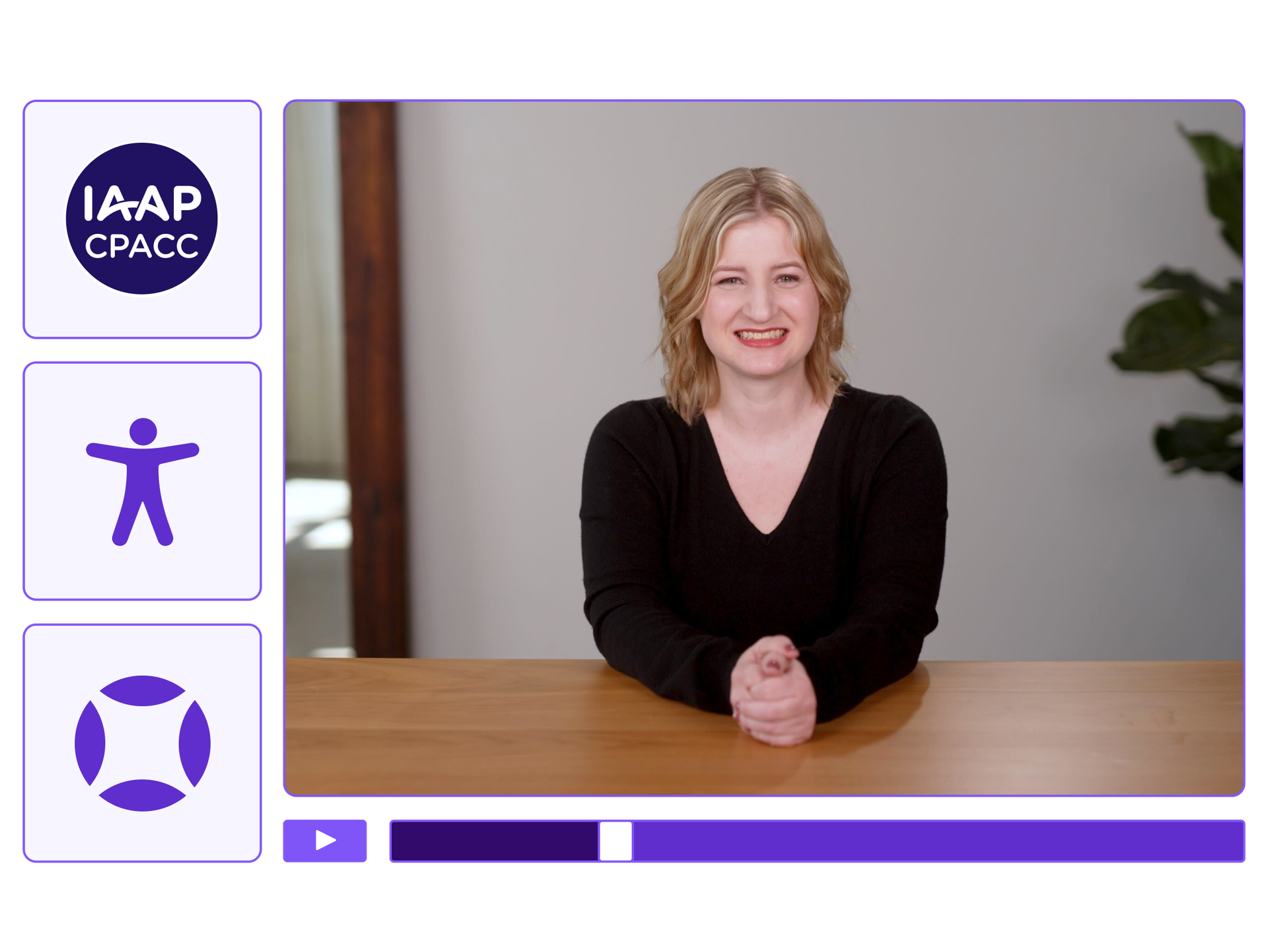 An online education course for Foundations of Accessibility, a CPACC certification preparation course featuring instructor, Sarah.