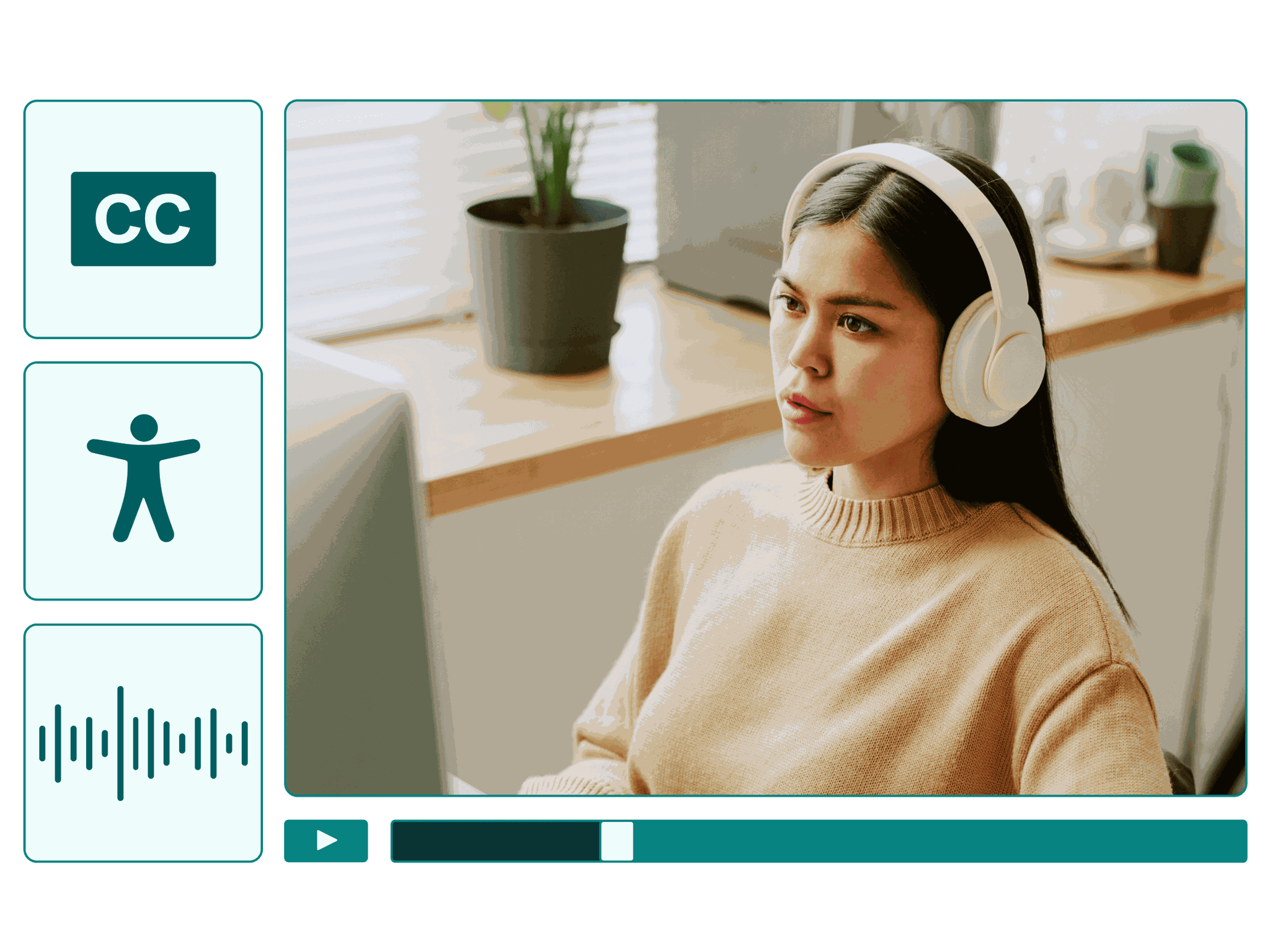 Woman with headphones listening to a video and writing custom captions for a video.