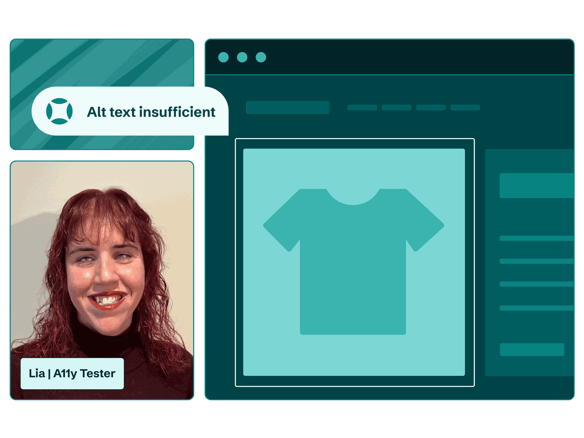 A blind AudioEye Accessibility Tester, Lia, audits a website and finds  a product image with insufficient alt text.
