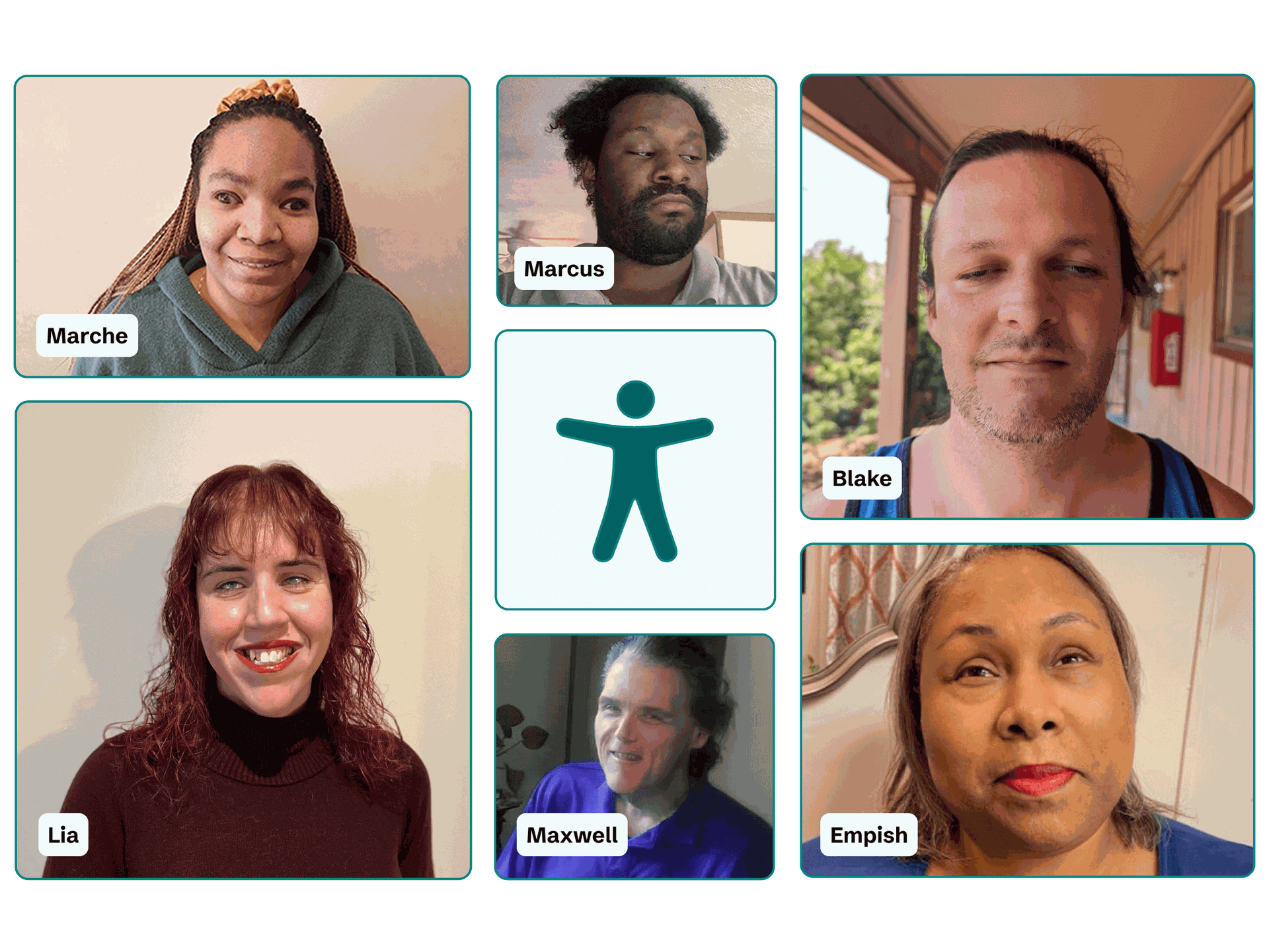 A11iance team members with visual impairments. Their names are Marche, Lia, Marcus, Maxwell, Blake, and Empish.