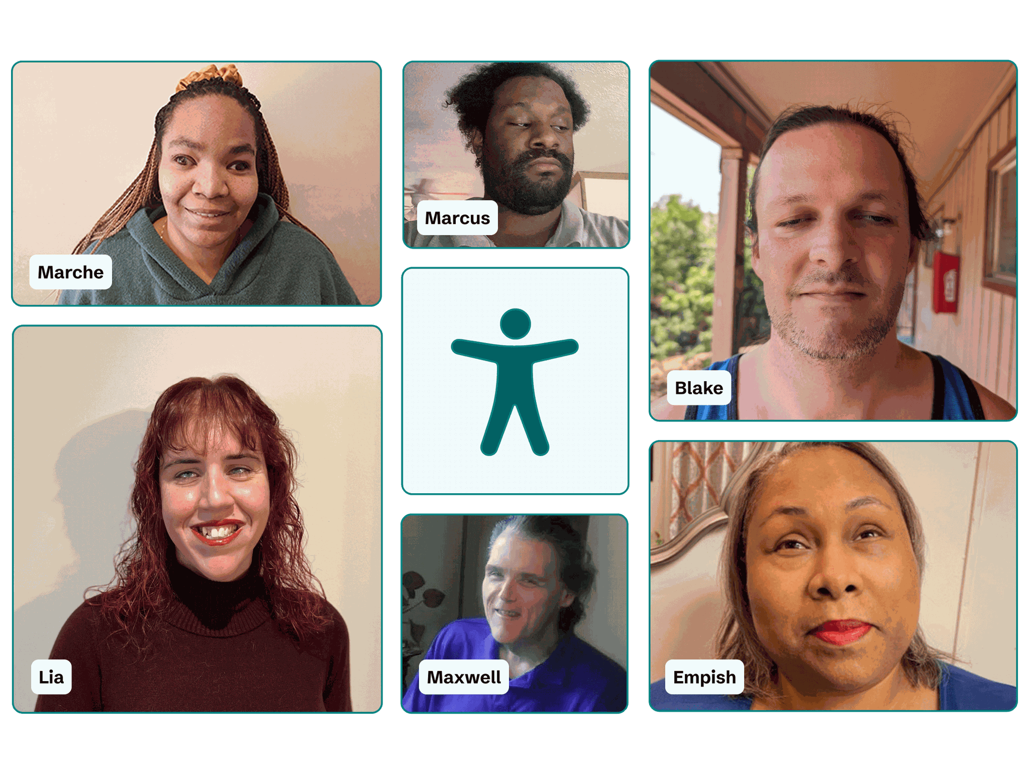 A11iance team members with visual impairments. Their names are Marche, Lia, Marcus, Maxwell, Blake, and Empish.