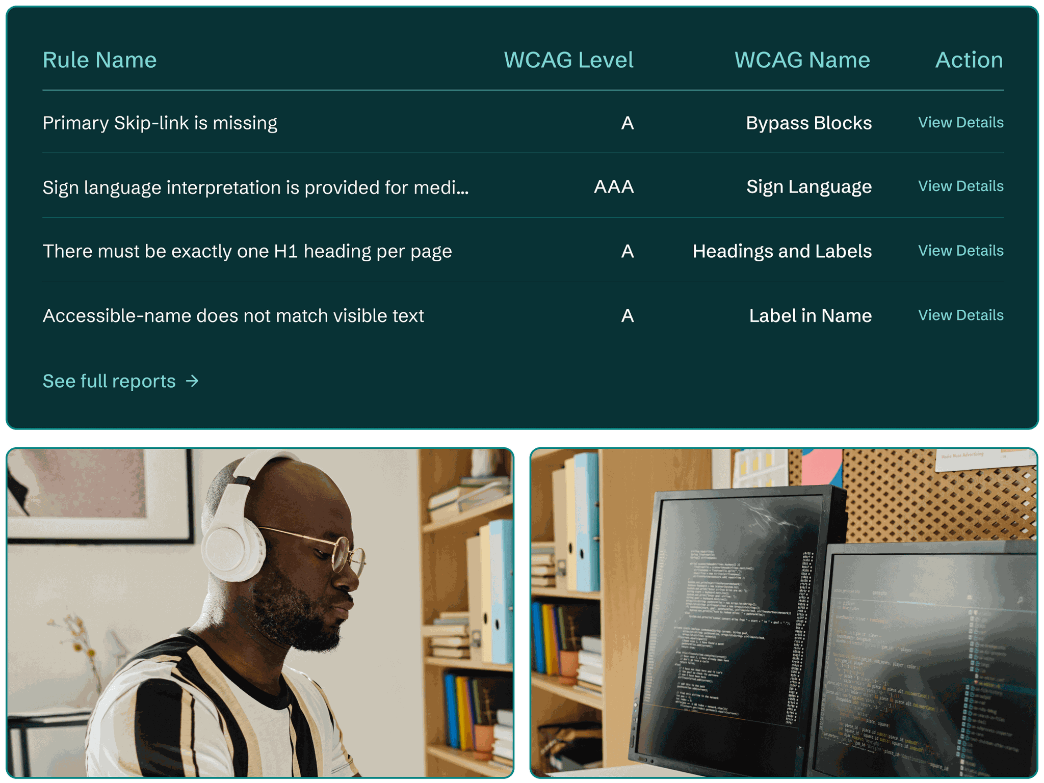 A  developer writing custom fixes and a call-out of the report of accessibility issues they are addressing.