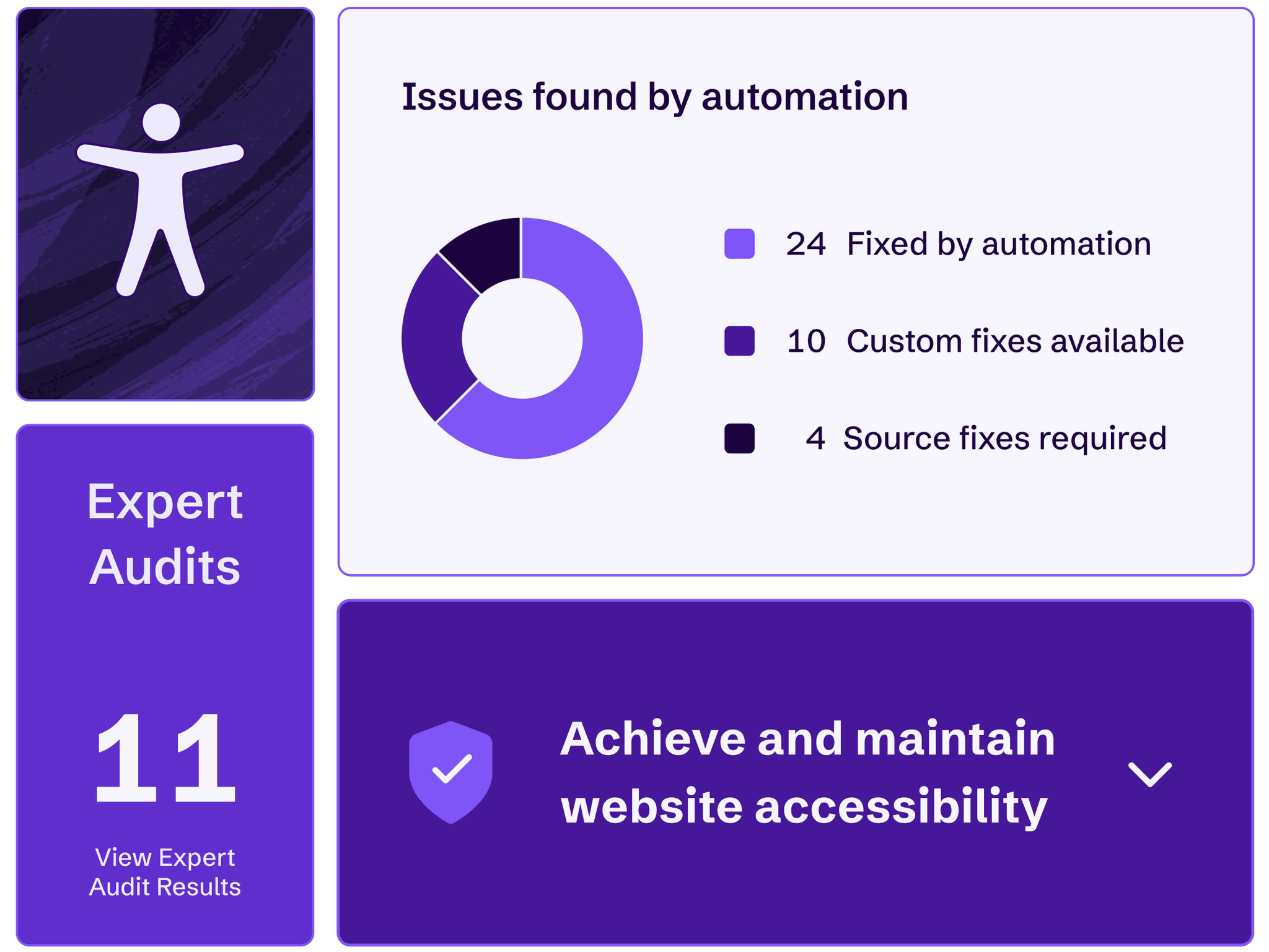 Various AudioEye features, including Automatic Fixes to accessibility issues and Expert Audits of websites.