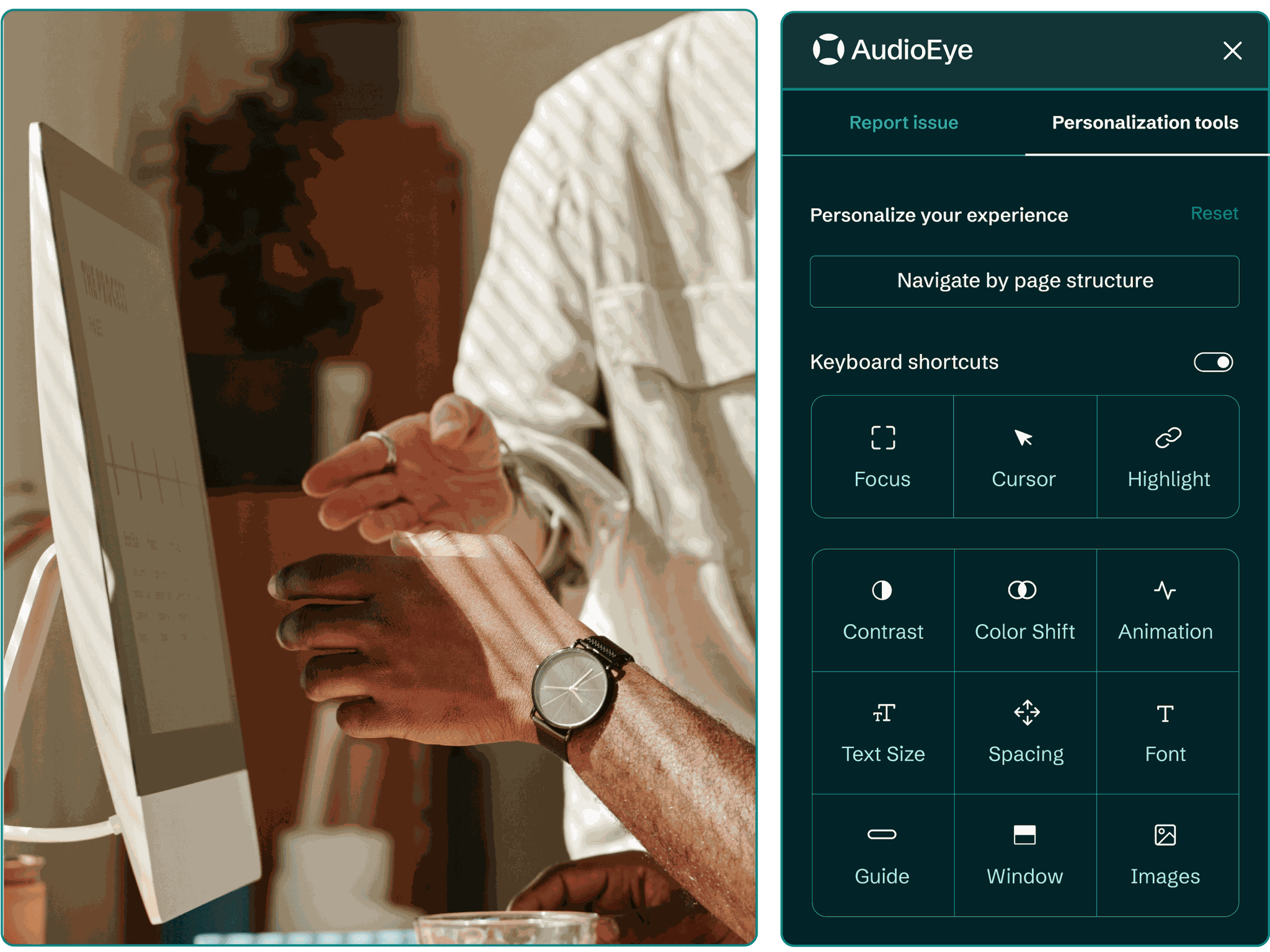 AudioEye’s Personalization Tools for users to adjust their experience on a website, such as Text Size and Contrast.
