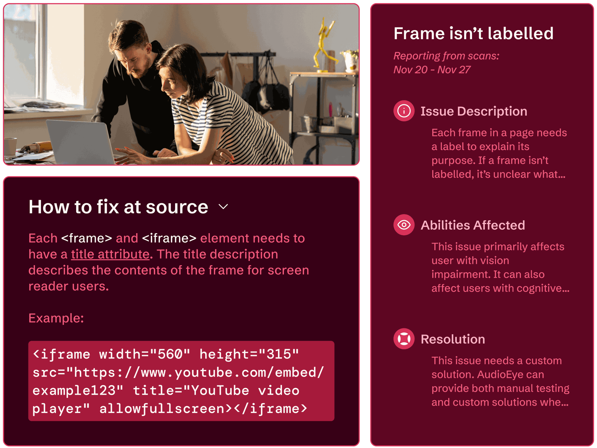 Two colleagues reviewing details of an accessibility issue and instructions on how to fix the issue at the source.