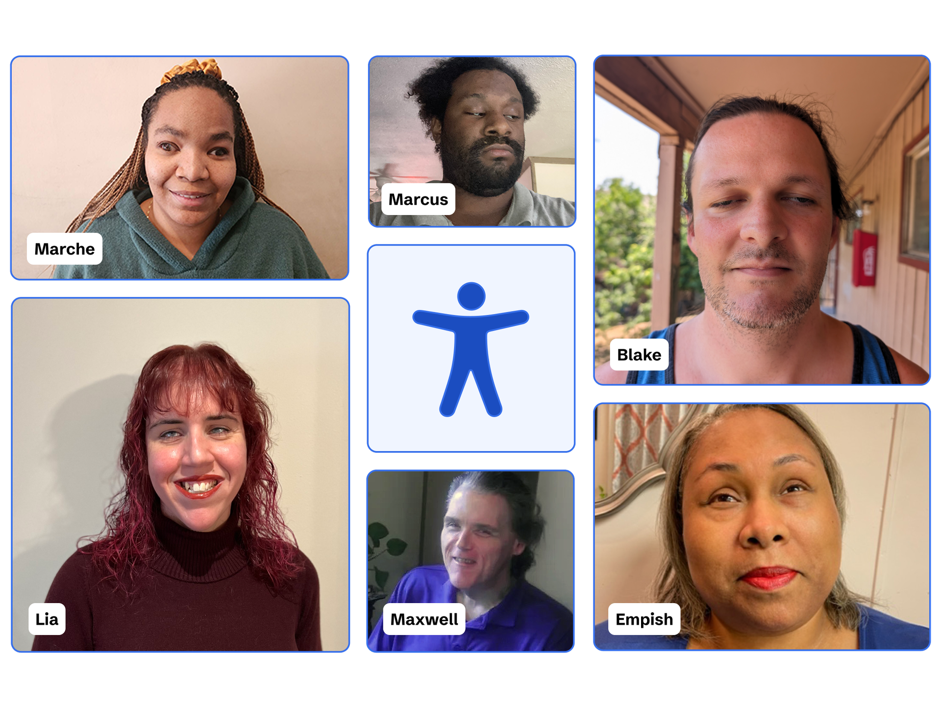 A11iance team members with visual impairments. Their names are Marche, Lia, Marcus, Maxwell, Blake, and Empish.