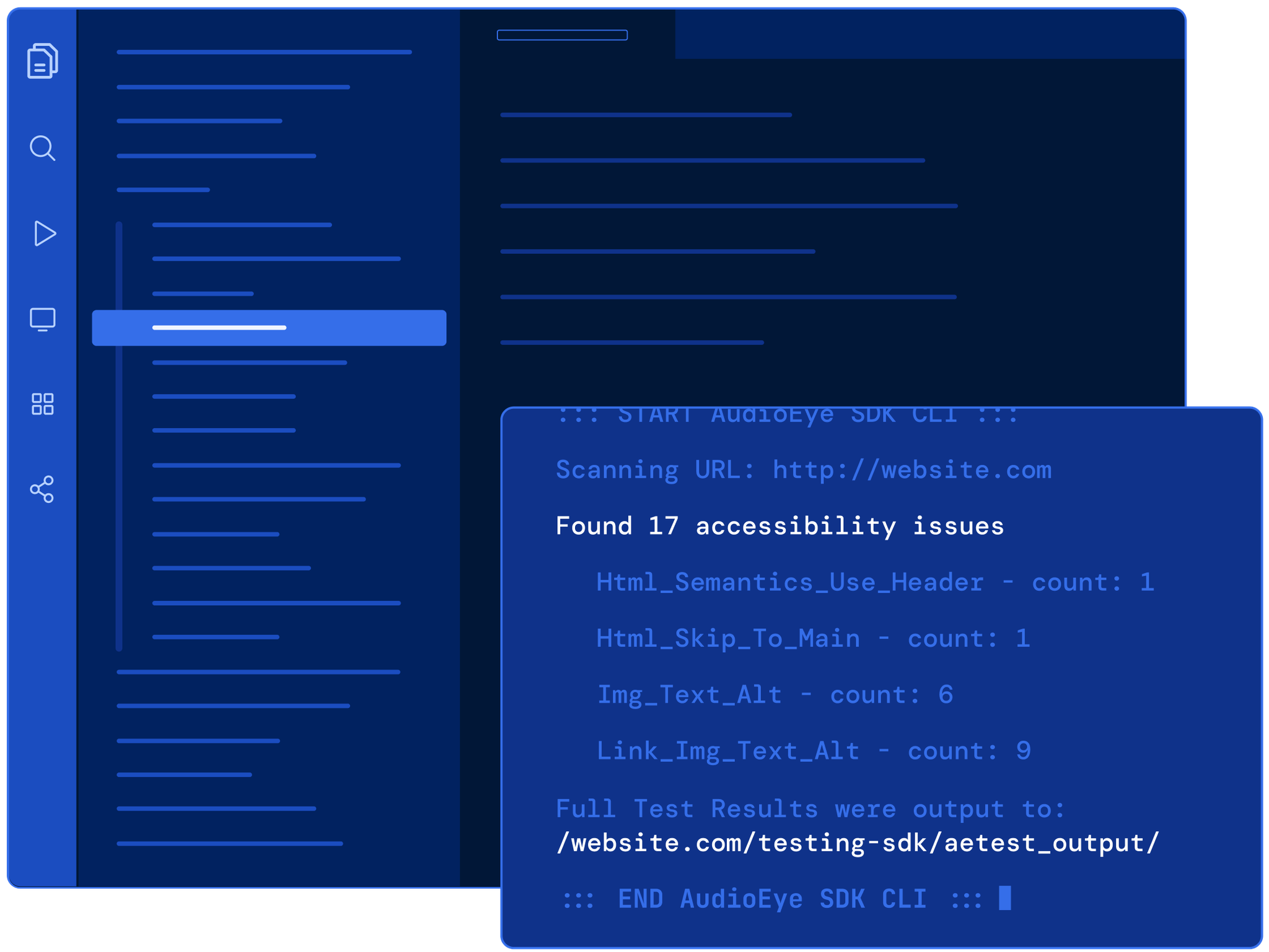 AudioEye’s SDK CLI testing a website for accessibility issues at the code level before deploying.