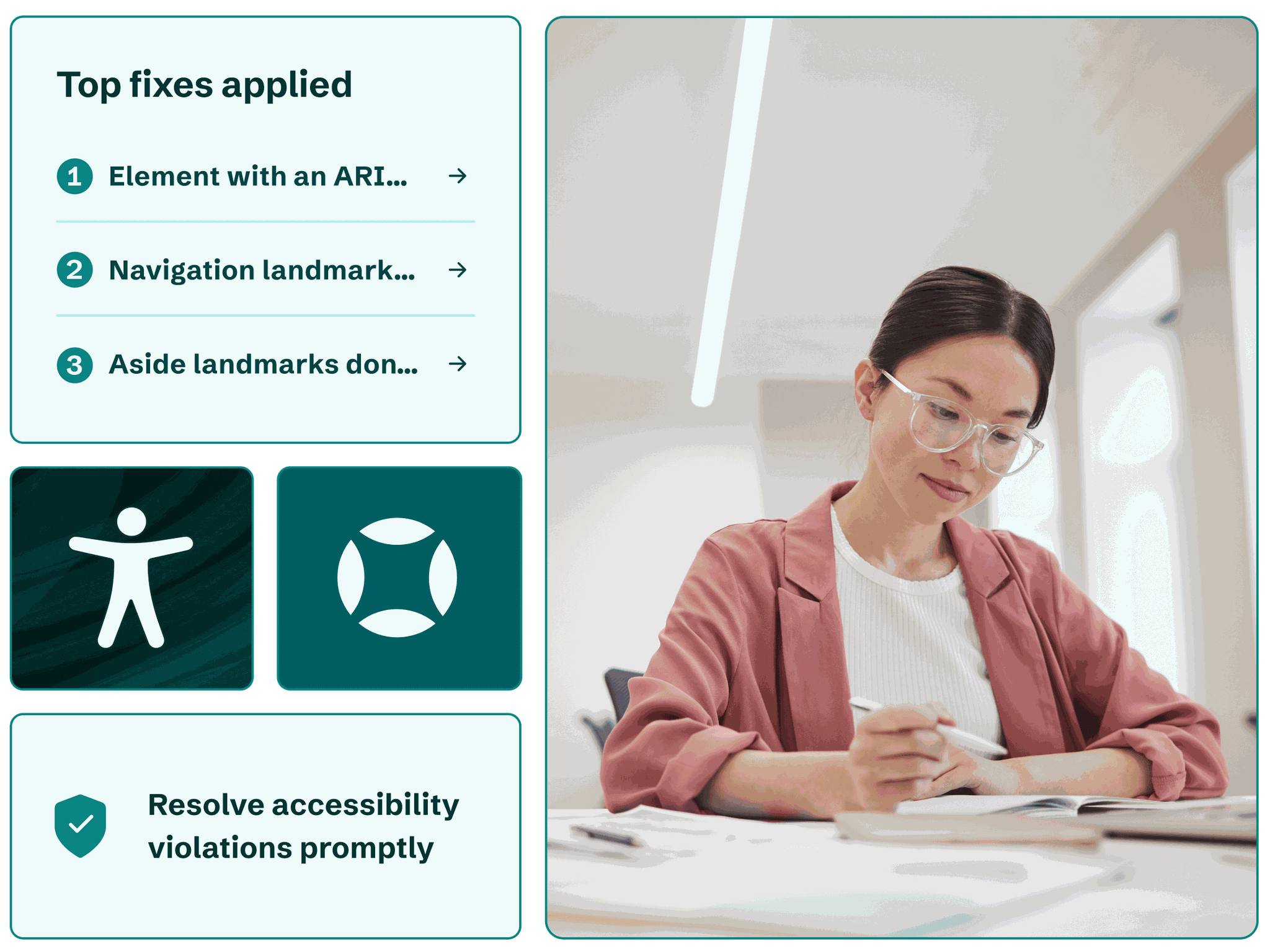 A female expert resolves accessibility violations promptly for a customer website.