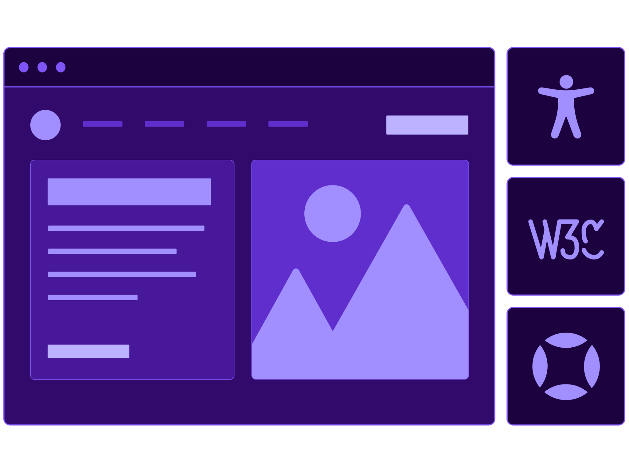 Collage of a web browser with icons representation WCAG compliance and accessibility.