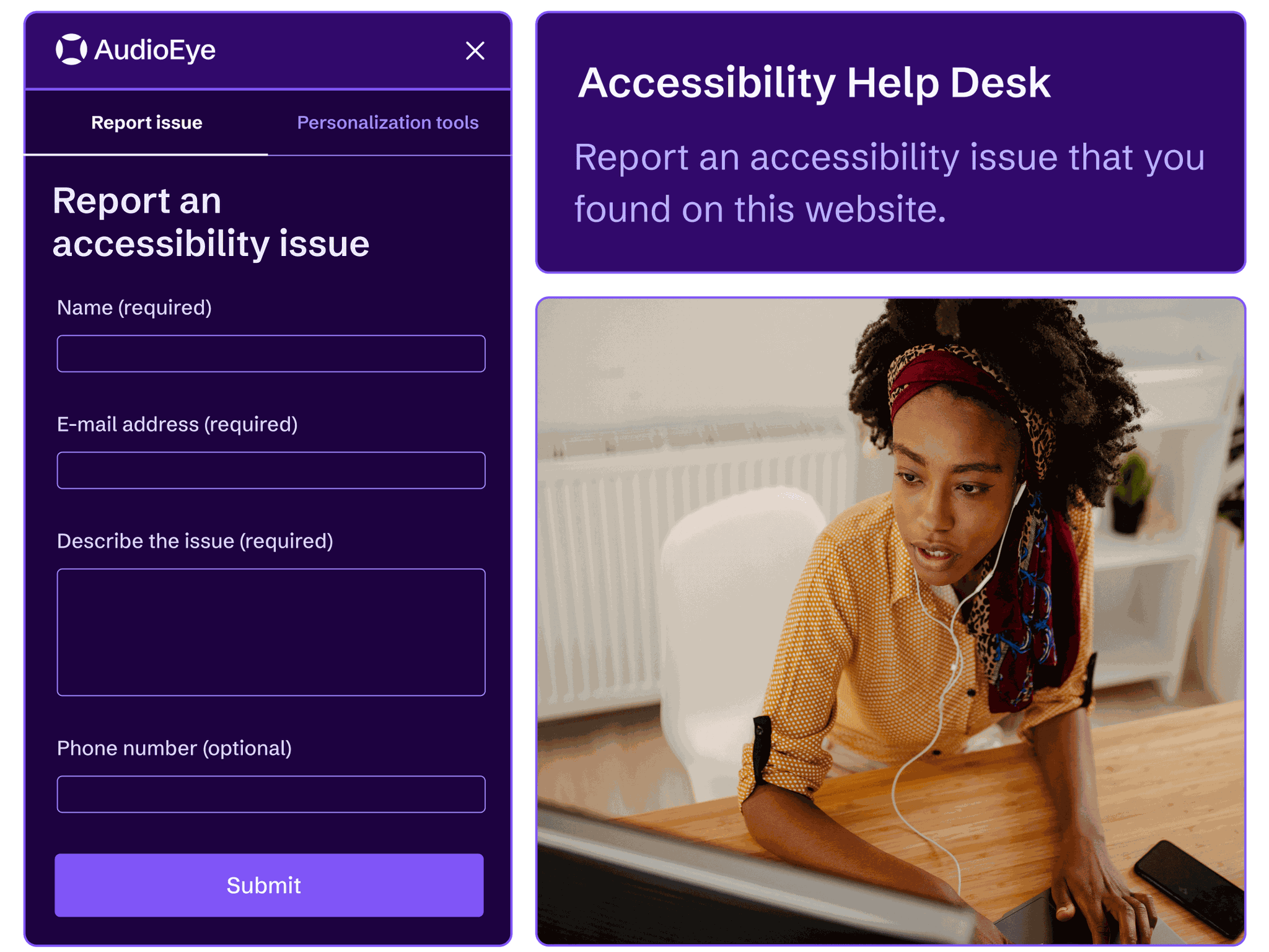 AudioEye’s Accessibility Help Desk for users to report an accessibility issue that was found on a website.