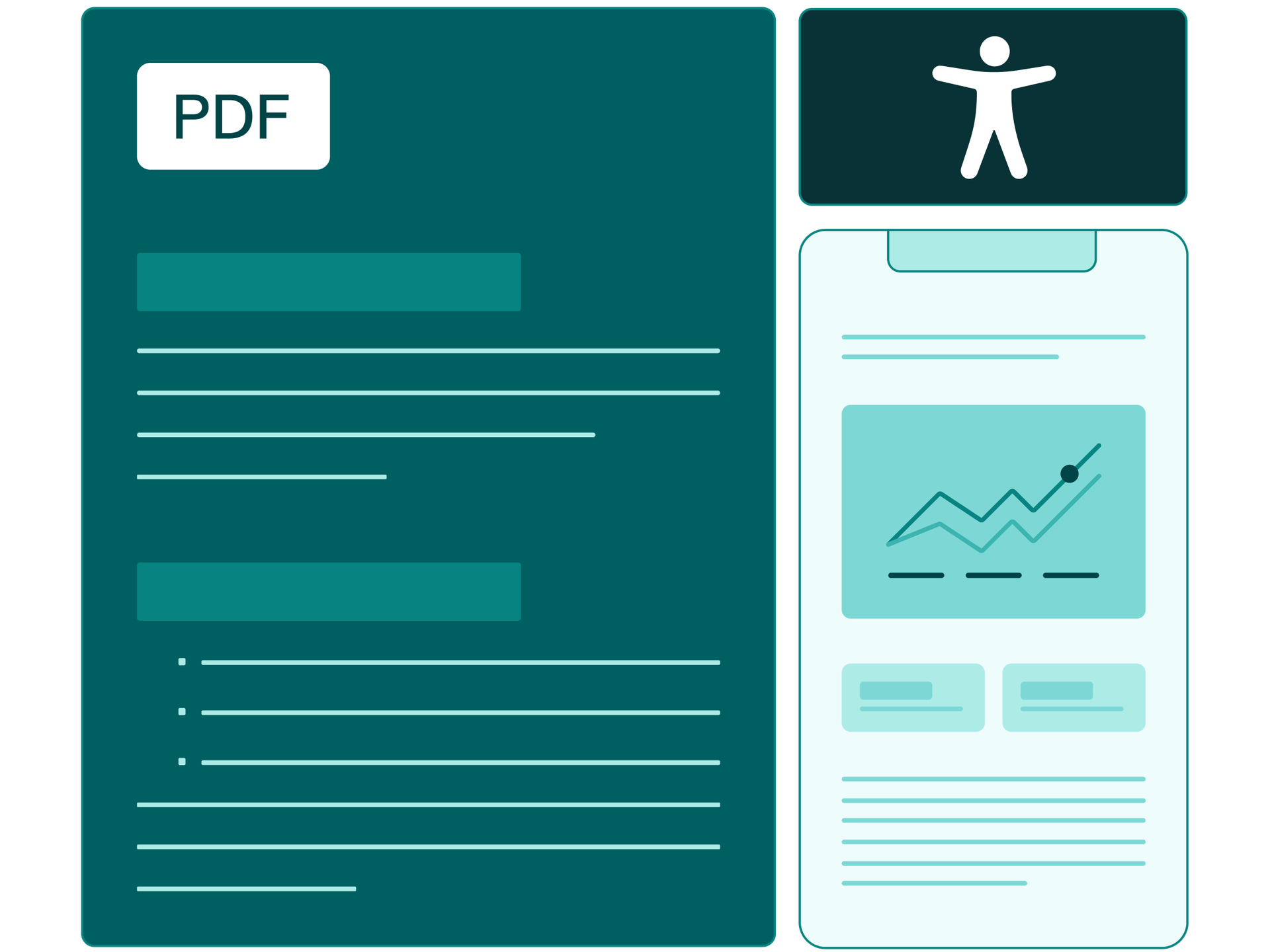 A PDF document and a website on a mobile phone with a digital accessibility symbol.
